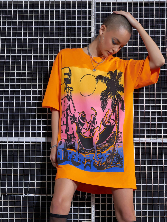 Women Orange Florida Printed Oversized T-Shirt Dress