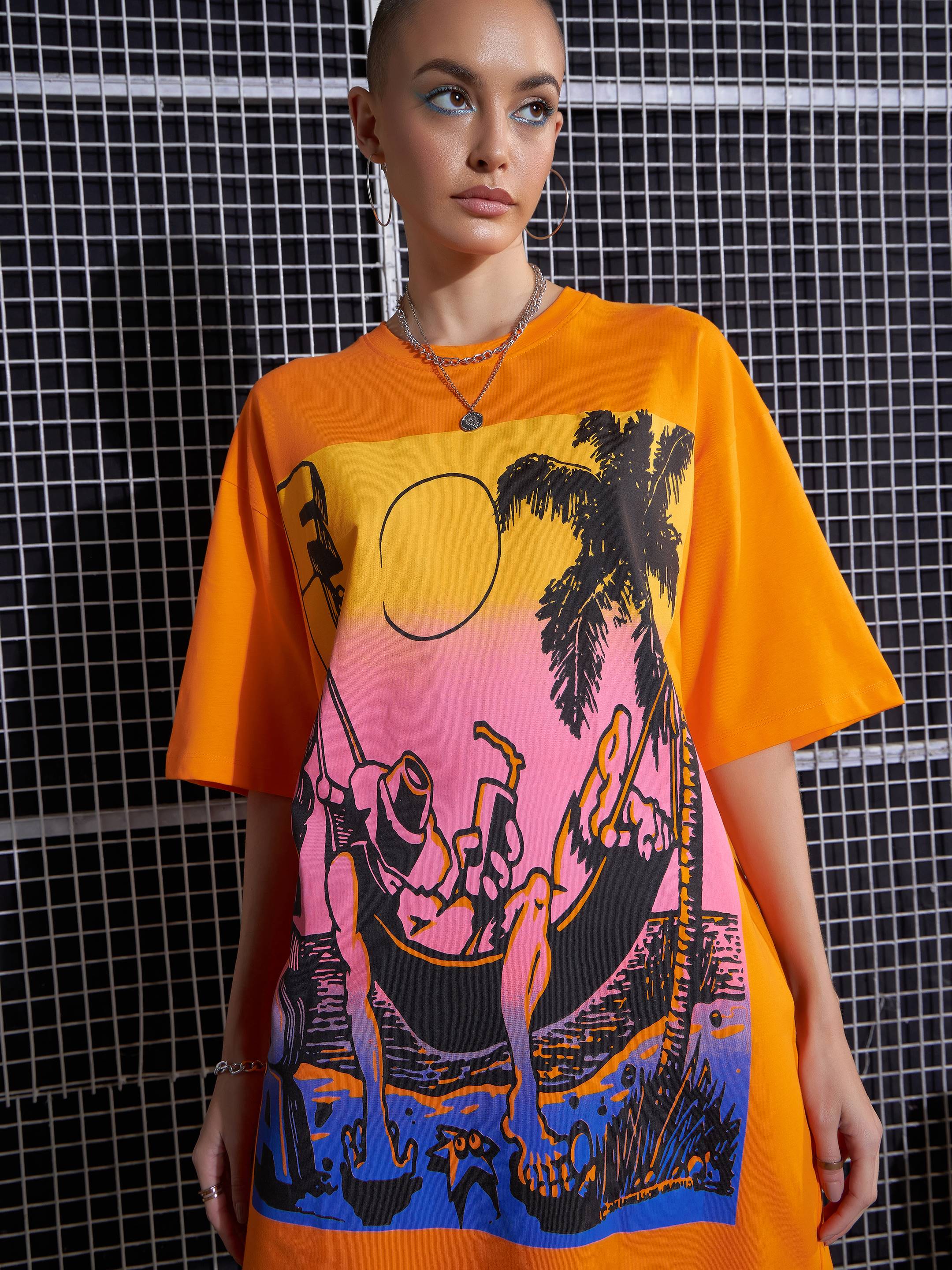 Women Orange Florida Printed Oversized T-Shirt Dress