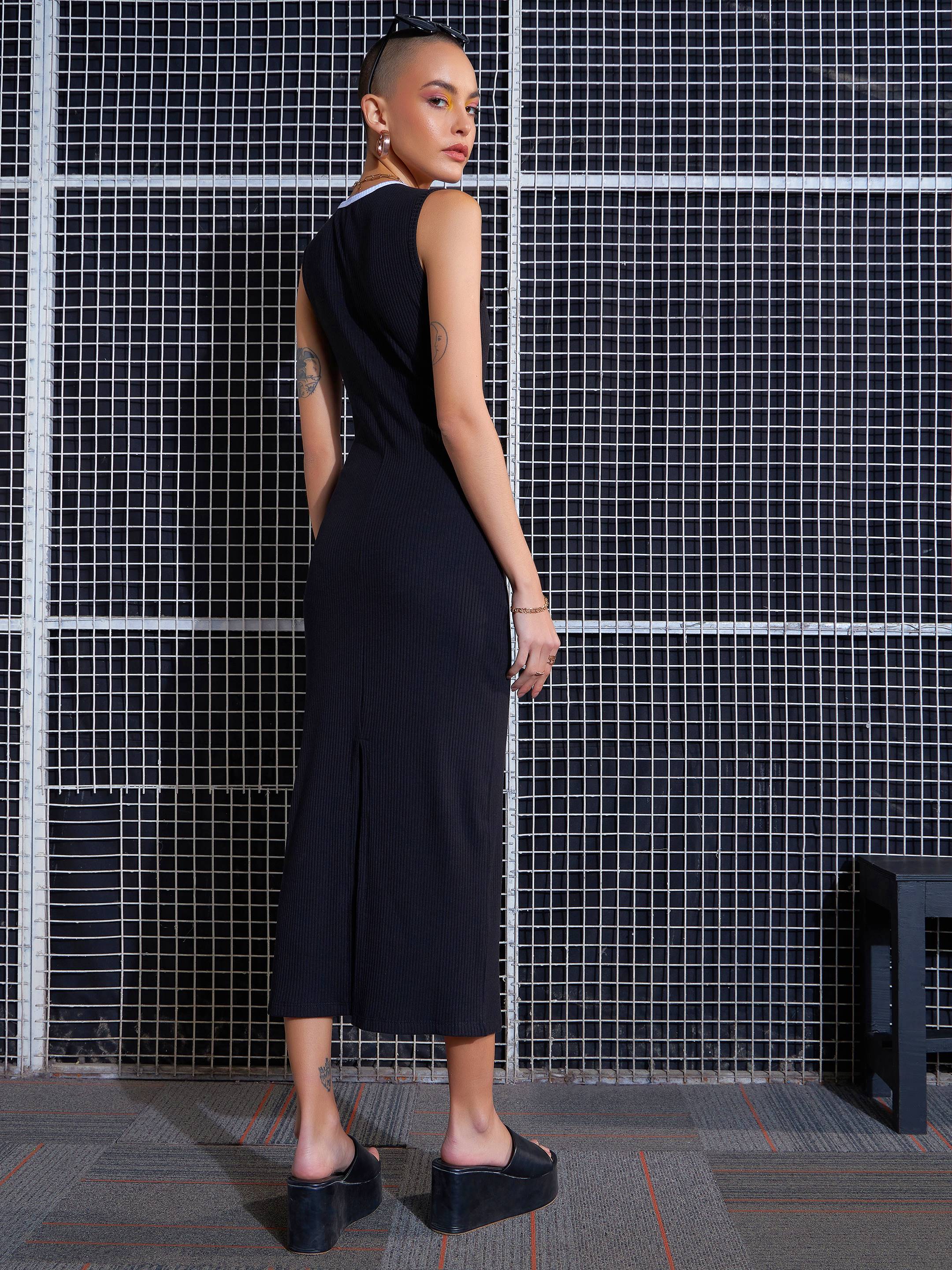 Women Black Rib Contrast Binding Back Slit Midi Dress