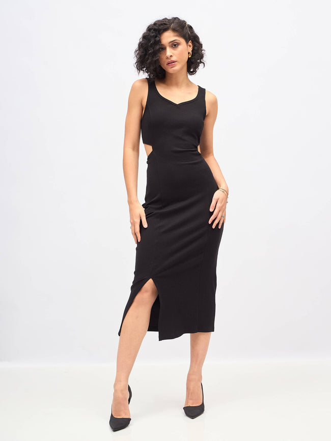 Black Rib Waist Cut-Out Midi Dress -SASSAFRAS