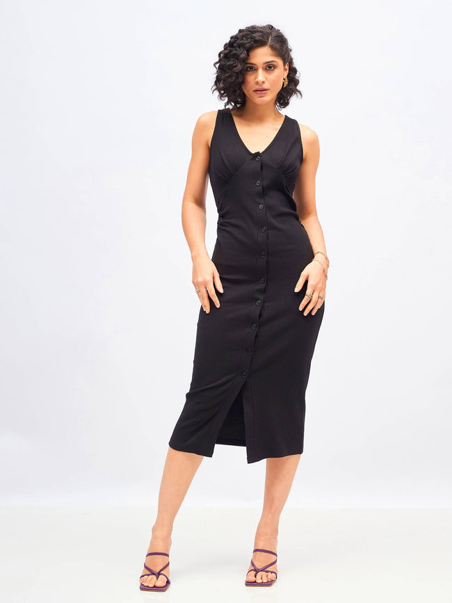 Black Rib Front Button Bodycon Midi Dress -SASSAFRAS
