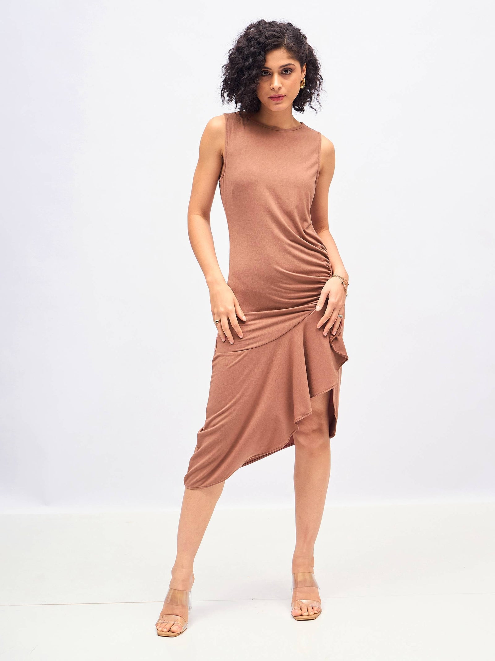 Brown Box Back Cascade Ruffle Midi Dress-SASSAFRAS