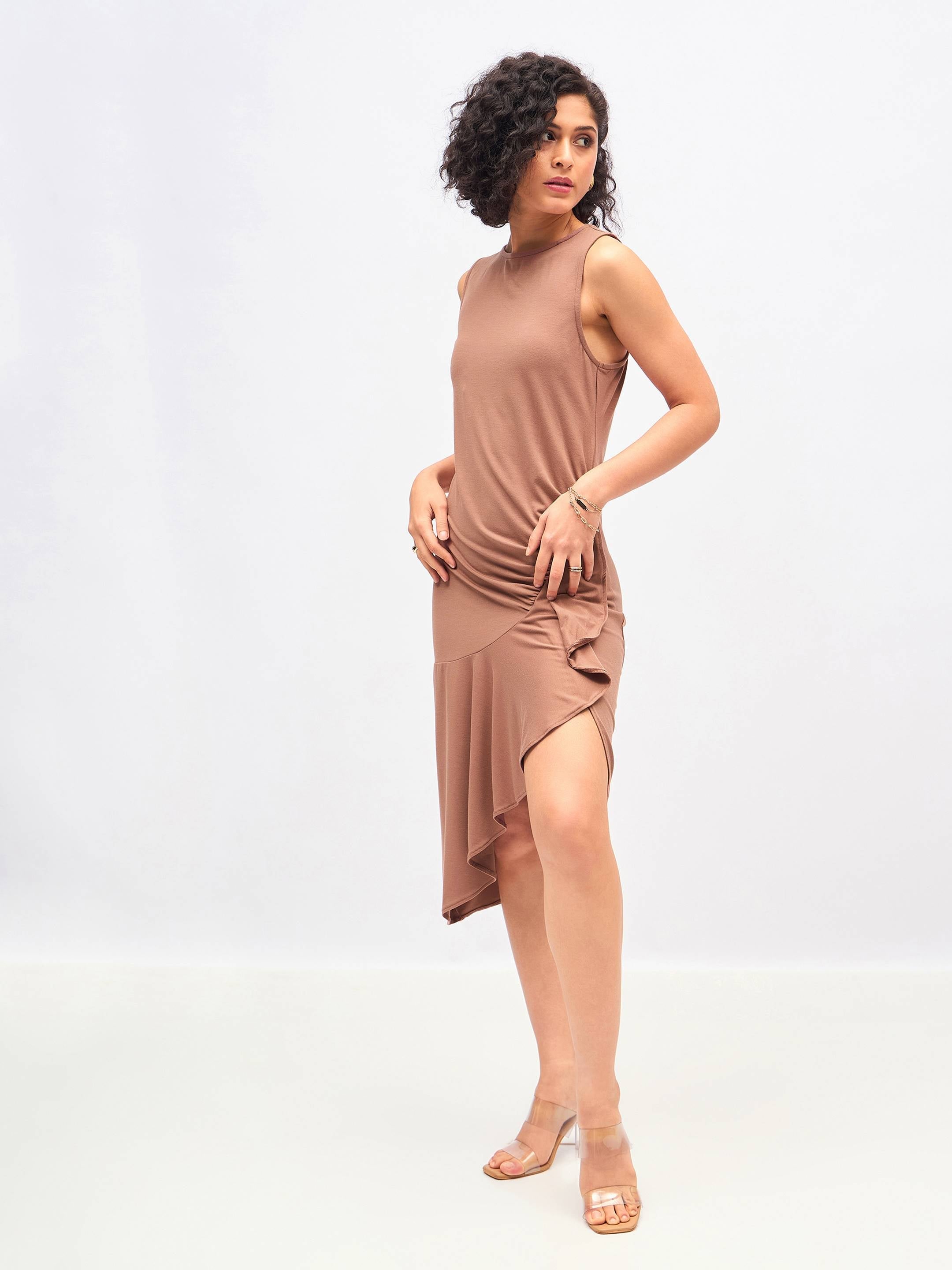 Brown Box Back Cascade Ruffle Midi Dress-SASSAFRAS