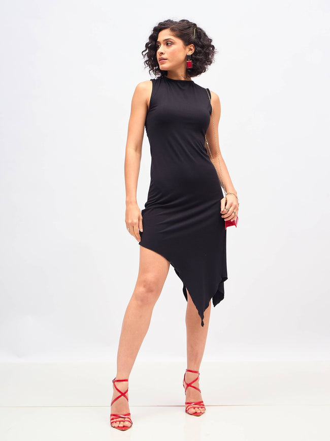 Black Asymmetric Back Cut-Out Dress-SASSAFRAS