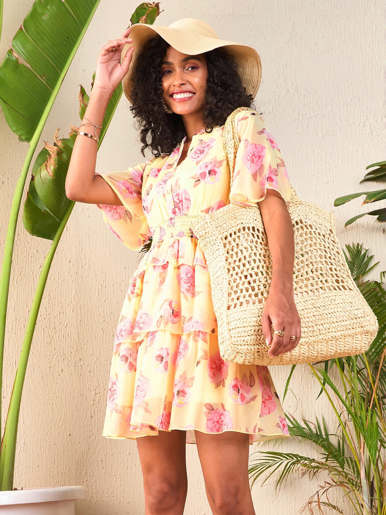 Yellow Floral Layered Hem Short Dress-SASSAFRAS