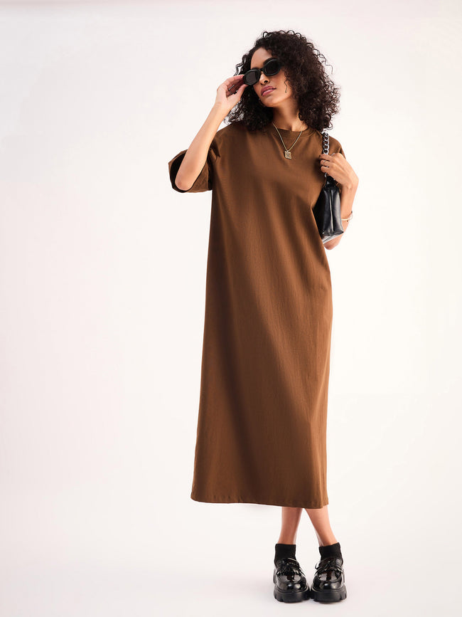Women Brown Oversized T-Shirt Dress FYVA Women Brown Oversized T-Shirt Dress FYVA