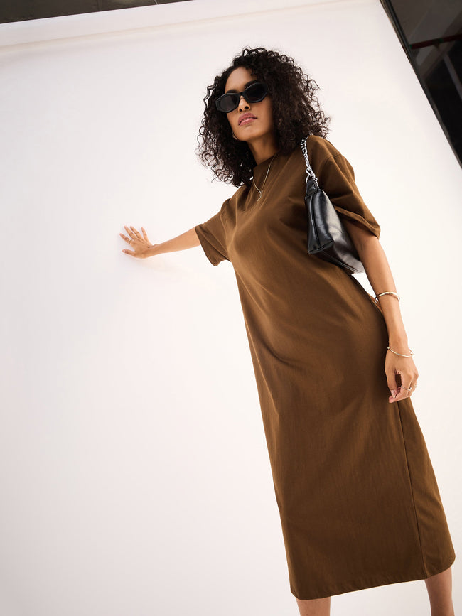 Women Brown Oversized T-Shirt Dress  FYVA