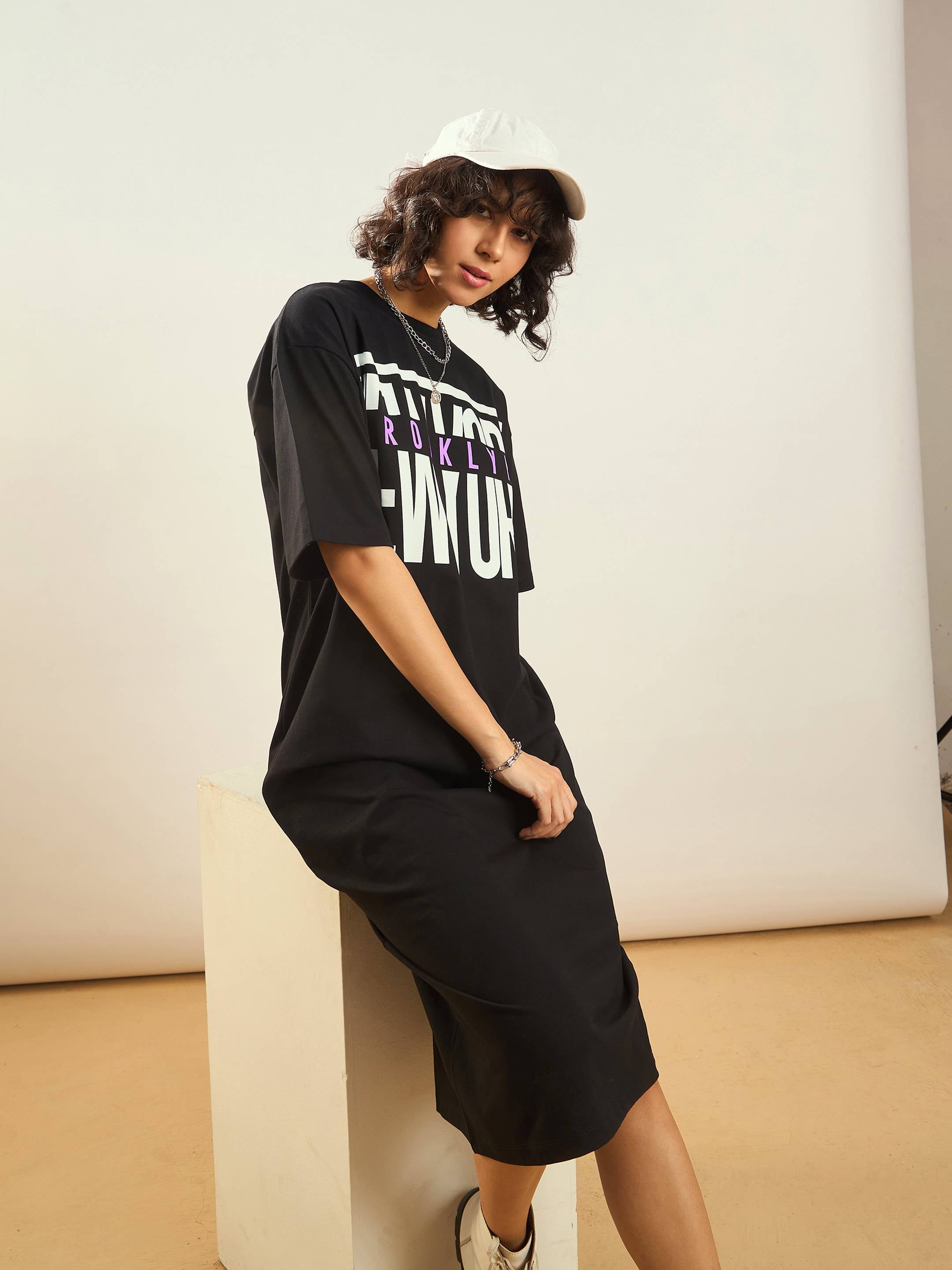 Women Black Printed T-Shirt Dress