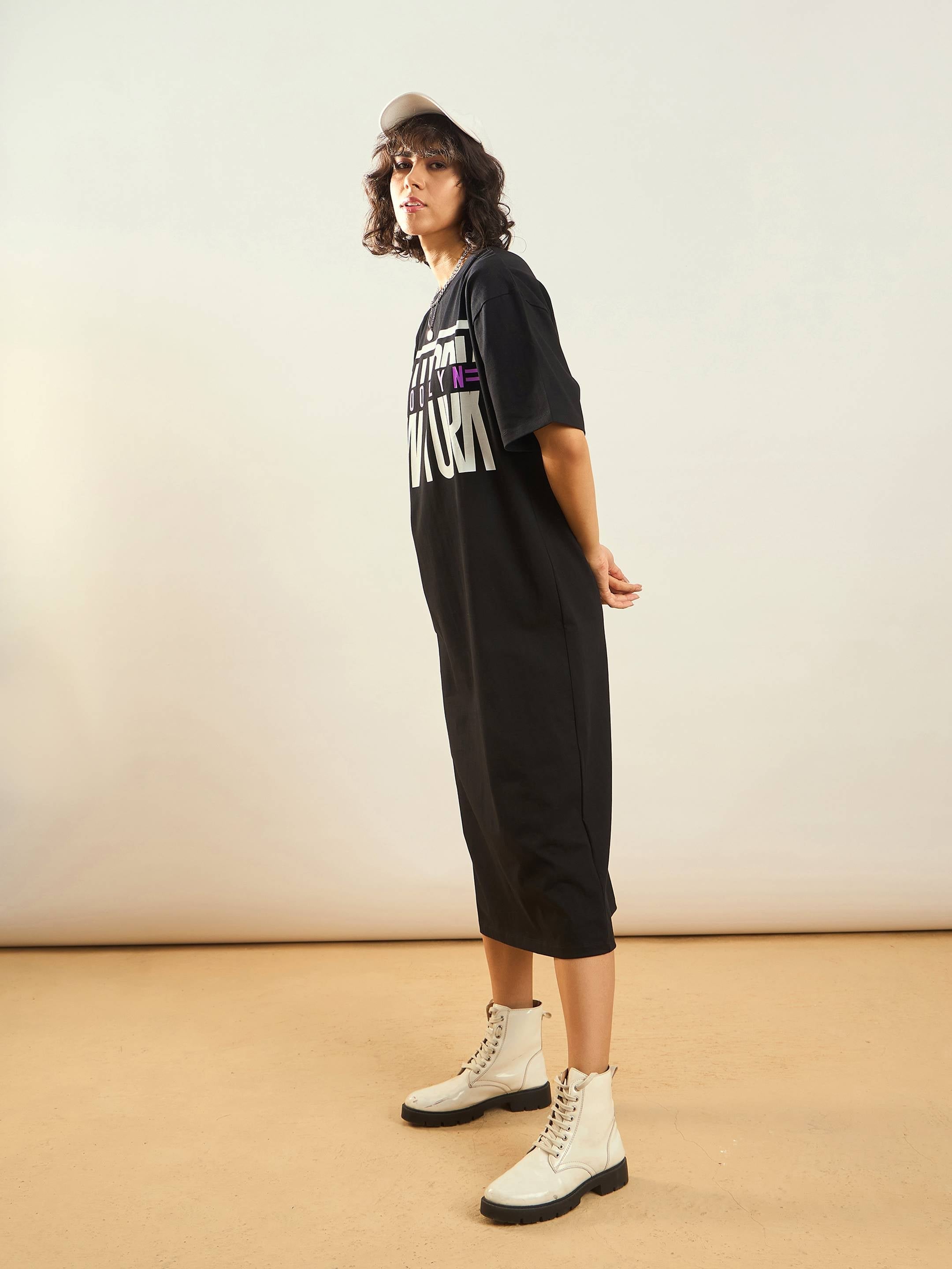 Women Black Printed T-Shirt Dress