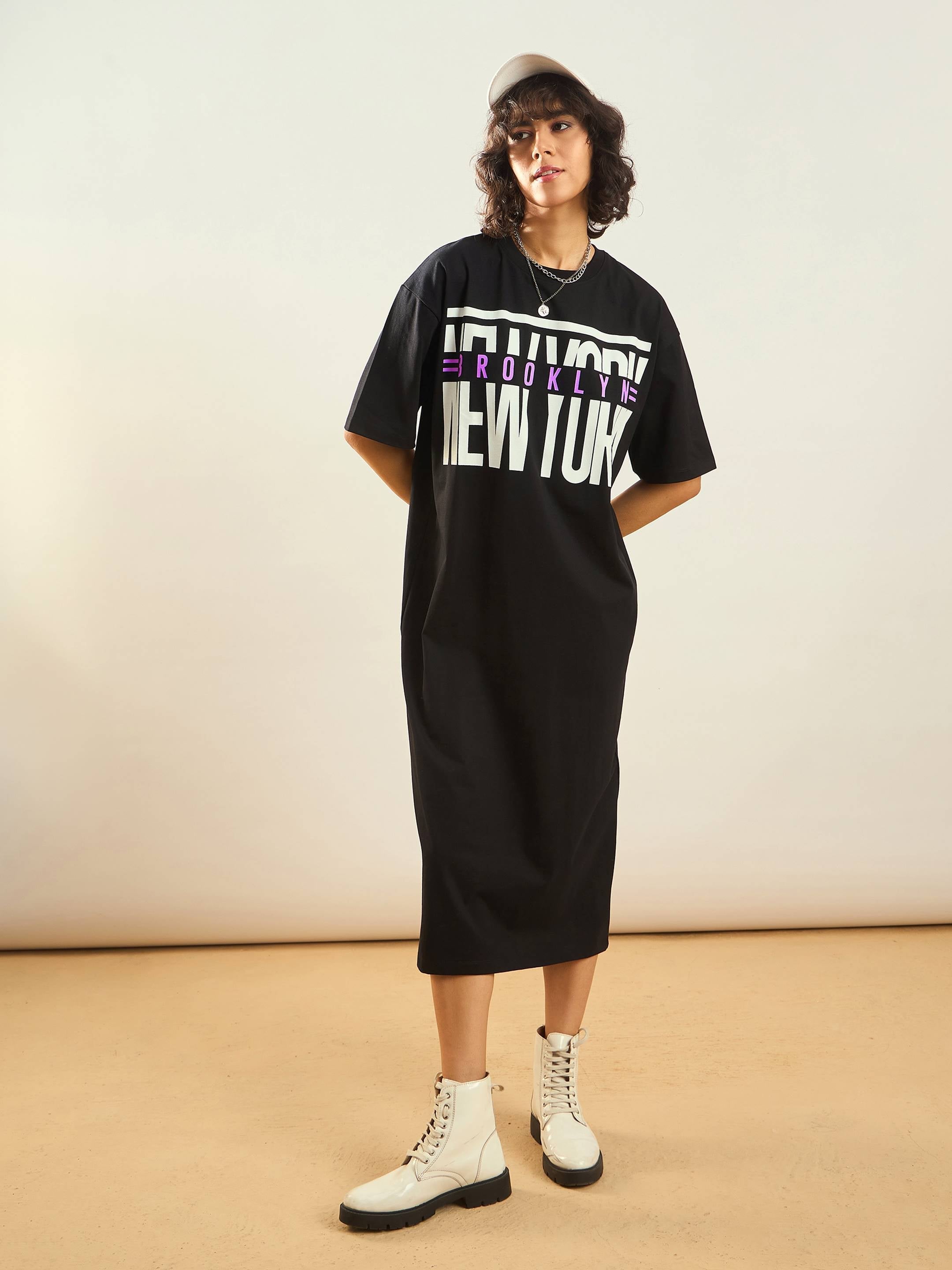Women Black Printed T-Shirt Dress