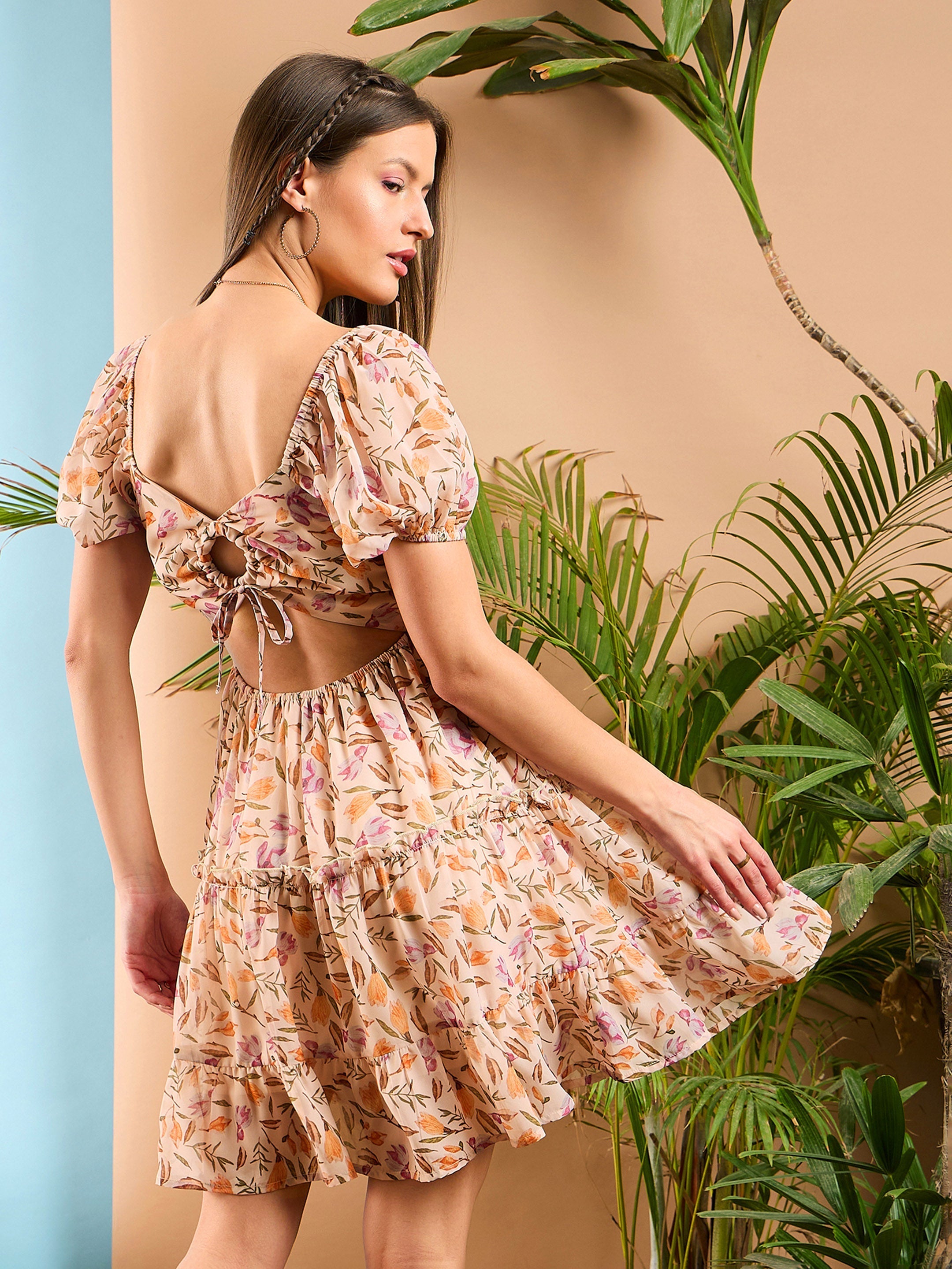 Women Peach Floral  Short Skater Dress