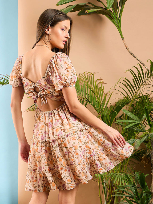 Women Peach Floral  Short Skater Dress
