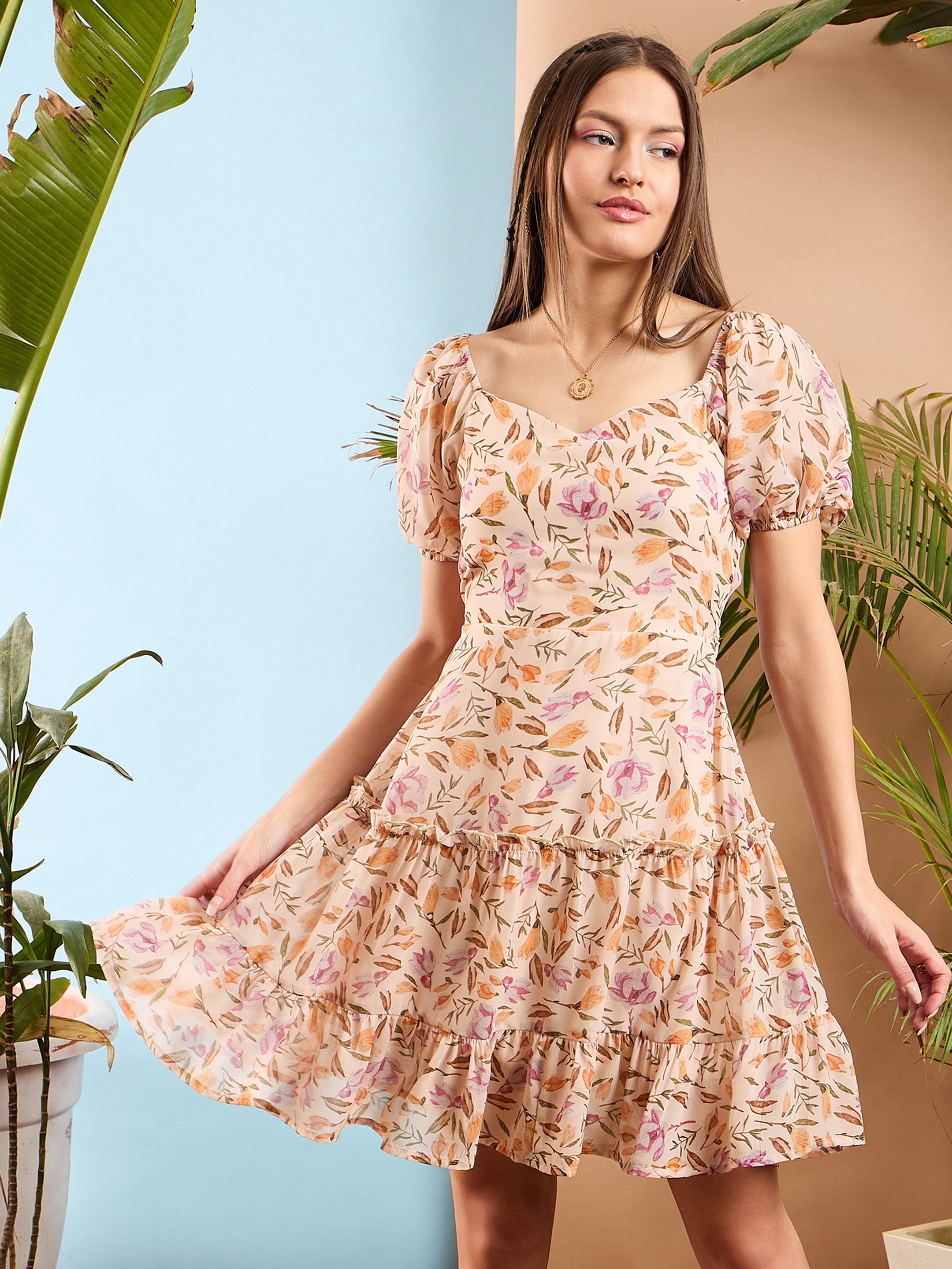 Women Peach Floral  Short Skater Dress