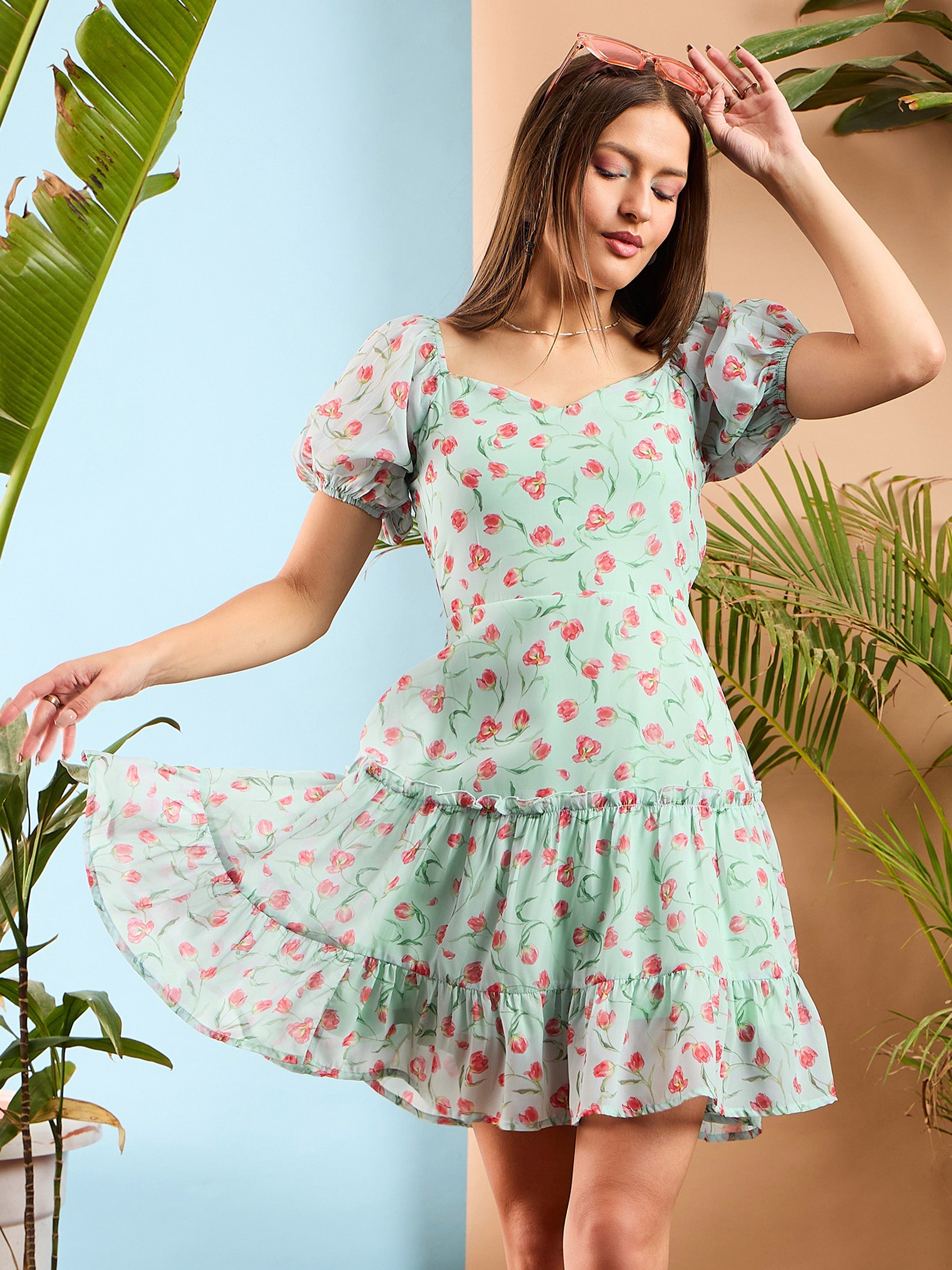 Women Sea Green Floral  Short Skater Dress
