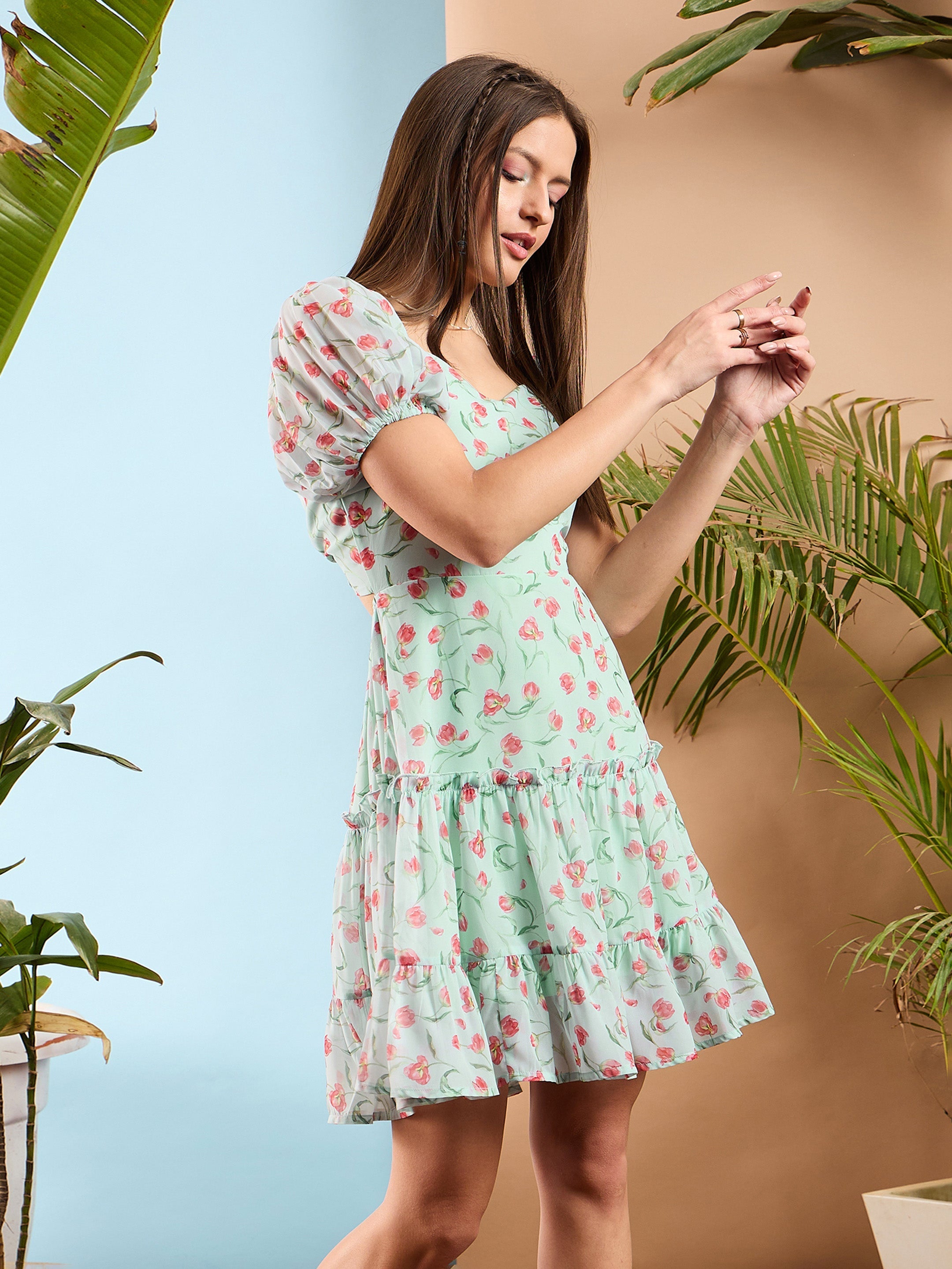 Women Sea Green Floral  Short Skater Dress