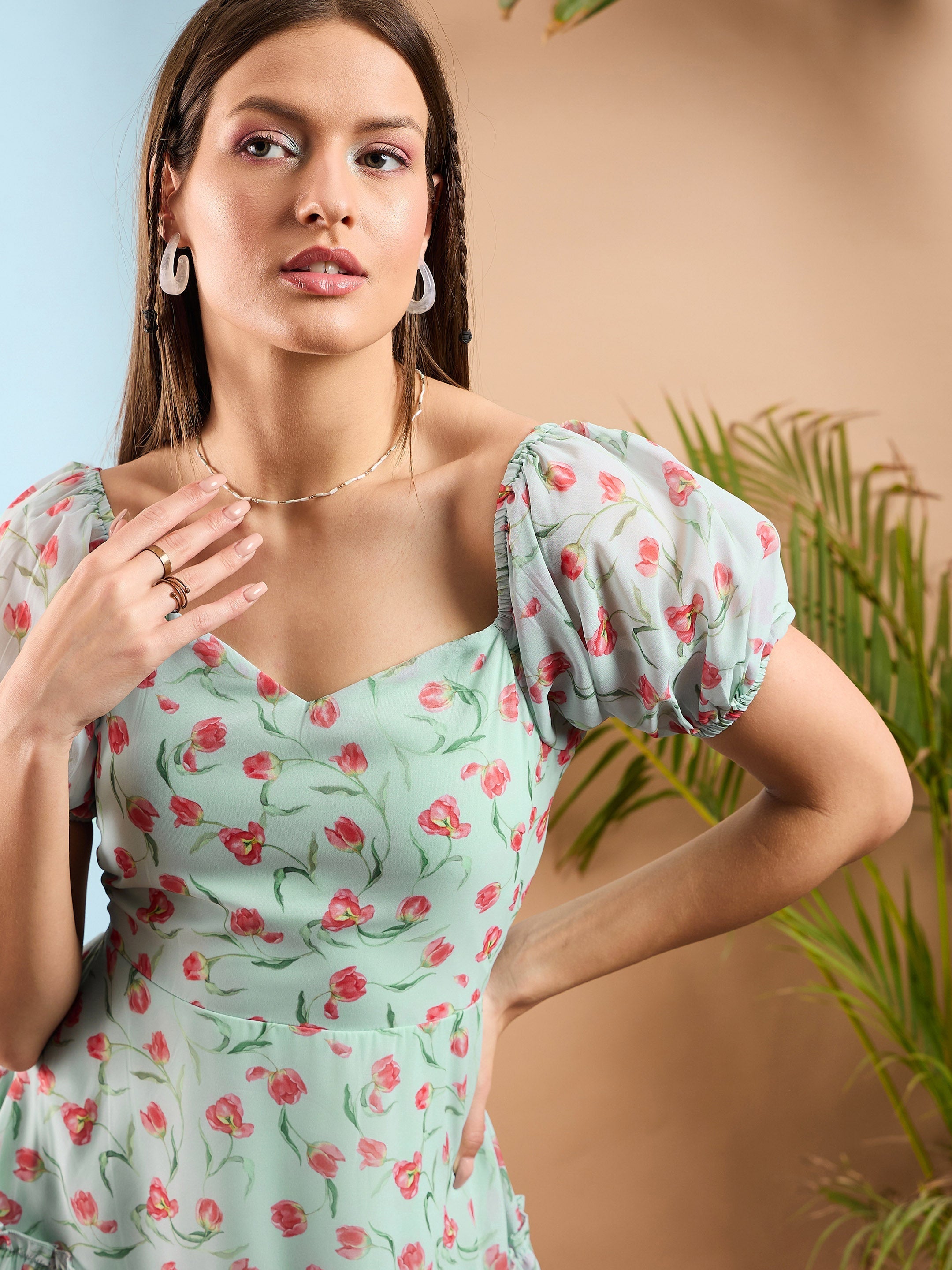 Women Sea Green Floral  Short Skater Dress