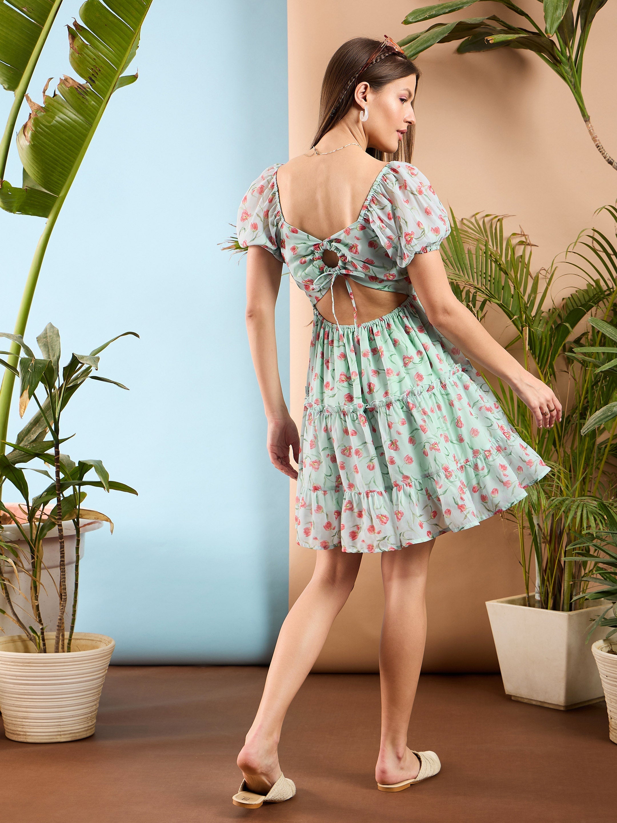 Women Sea Green Floral  Short Skater Dress