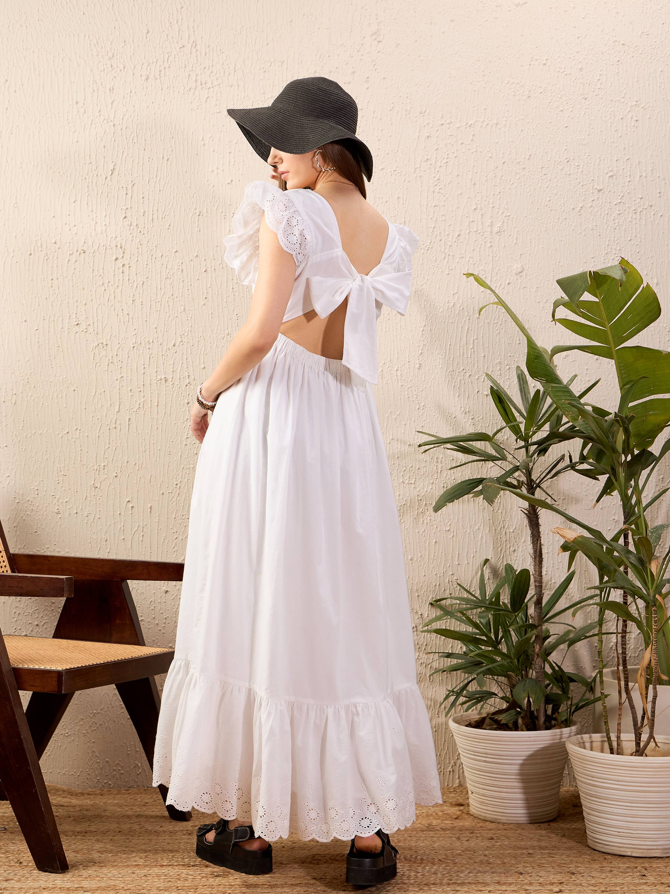 Women White Schiffli Square Neck Frill Hem Maxi Dress