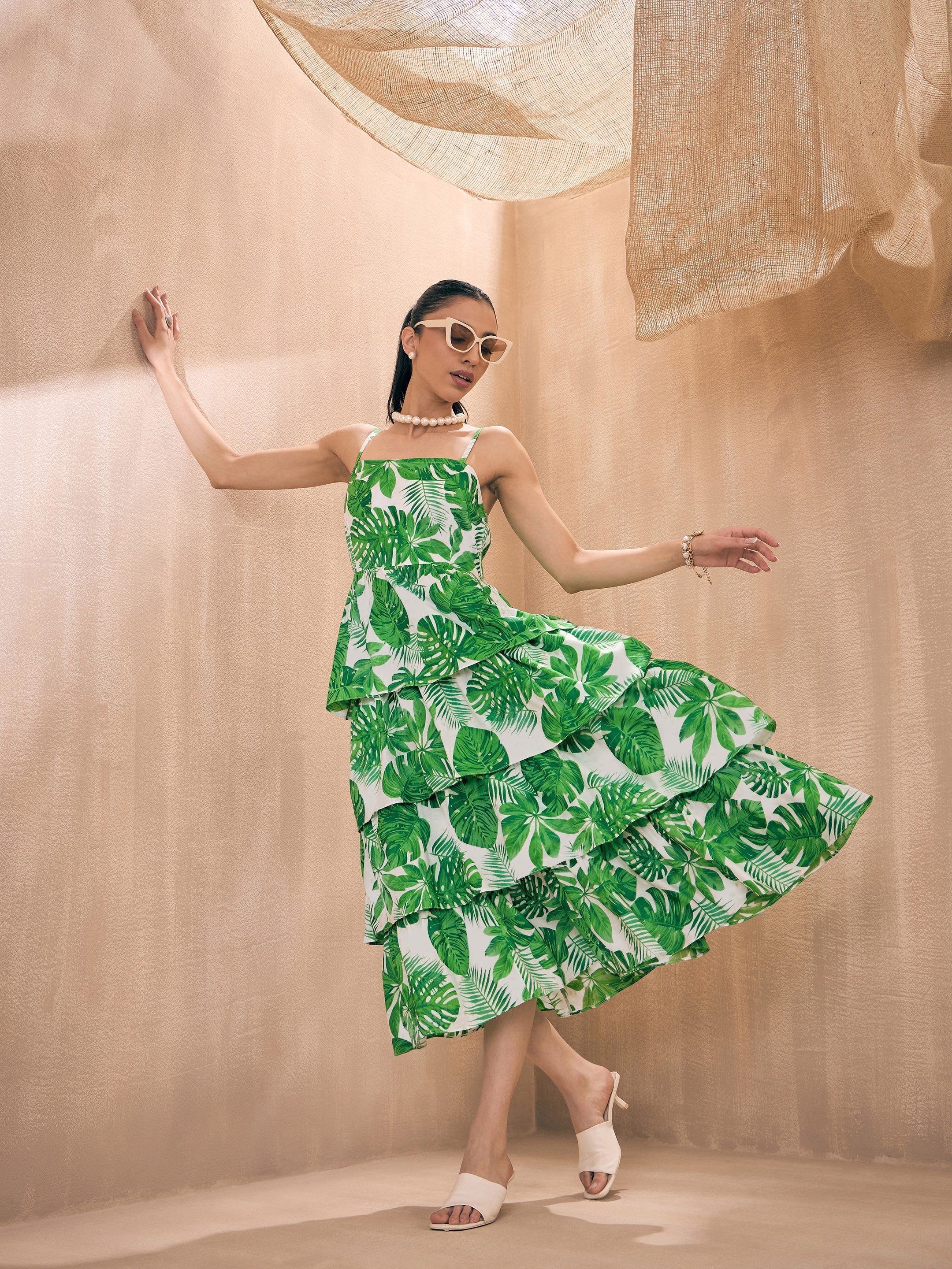 Women Green Leaf Printed Frill Strappy Midi Dress