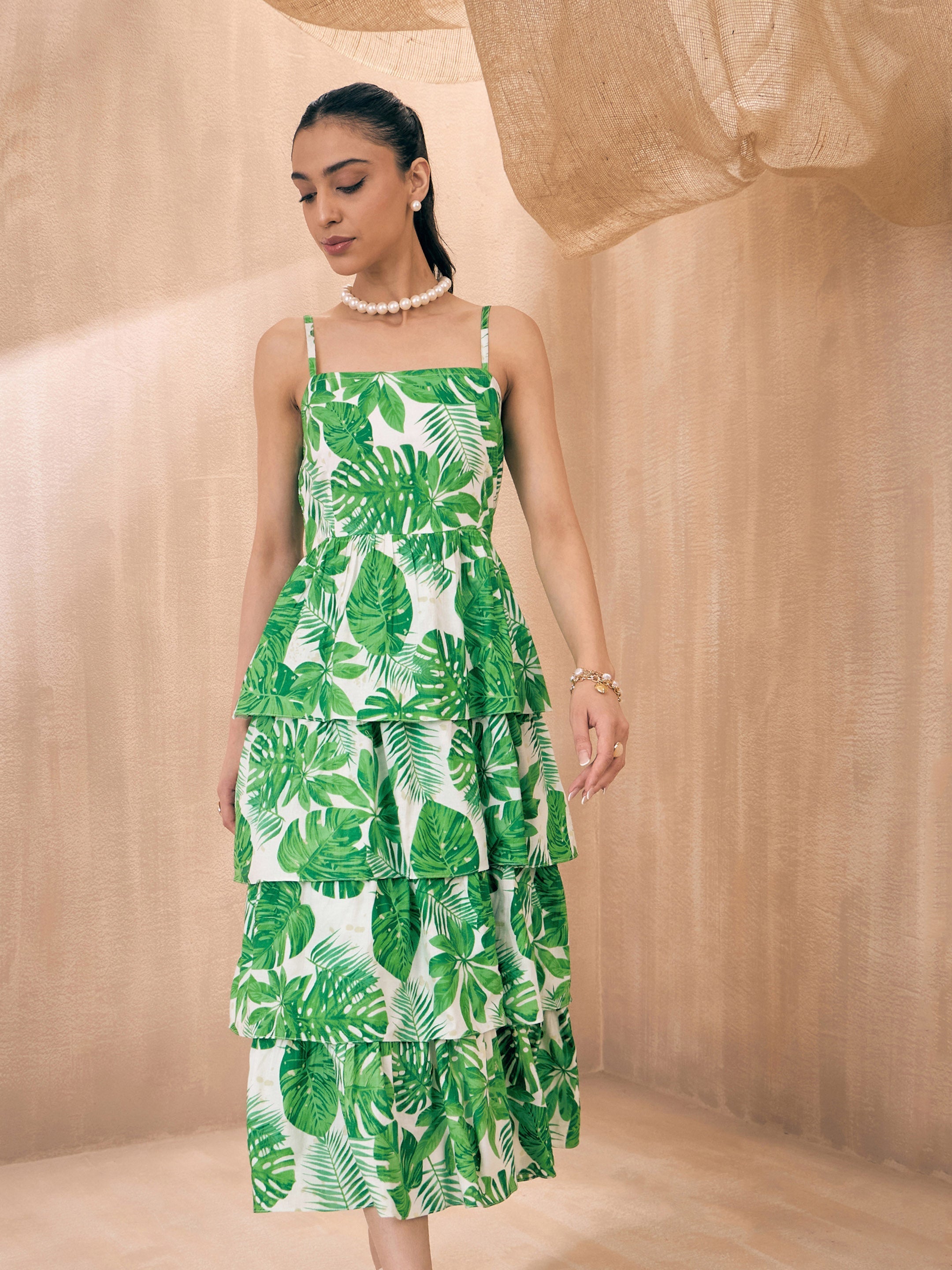Women Green Leaf Printed Frill Strappy Midi Dress