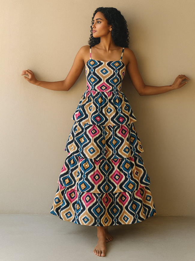 Women Pink Ikat Print Frill Strappy Midi Dress