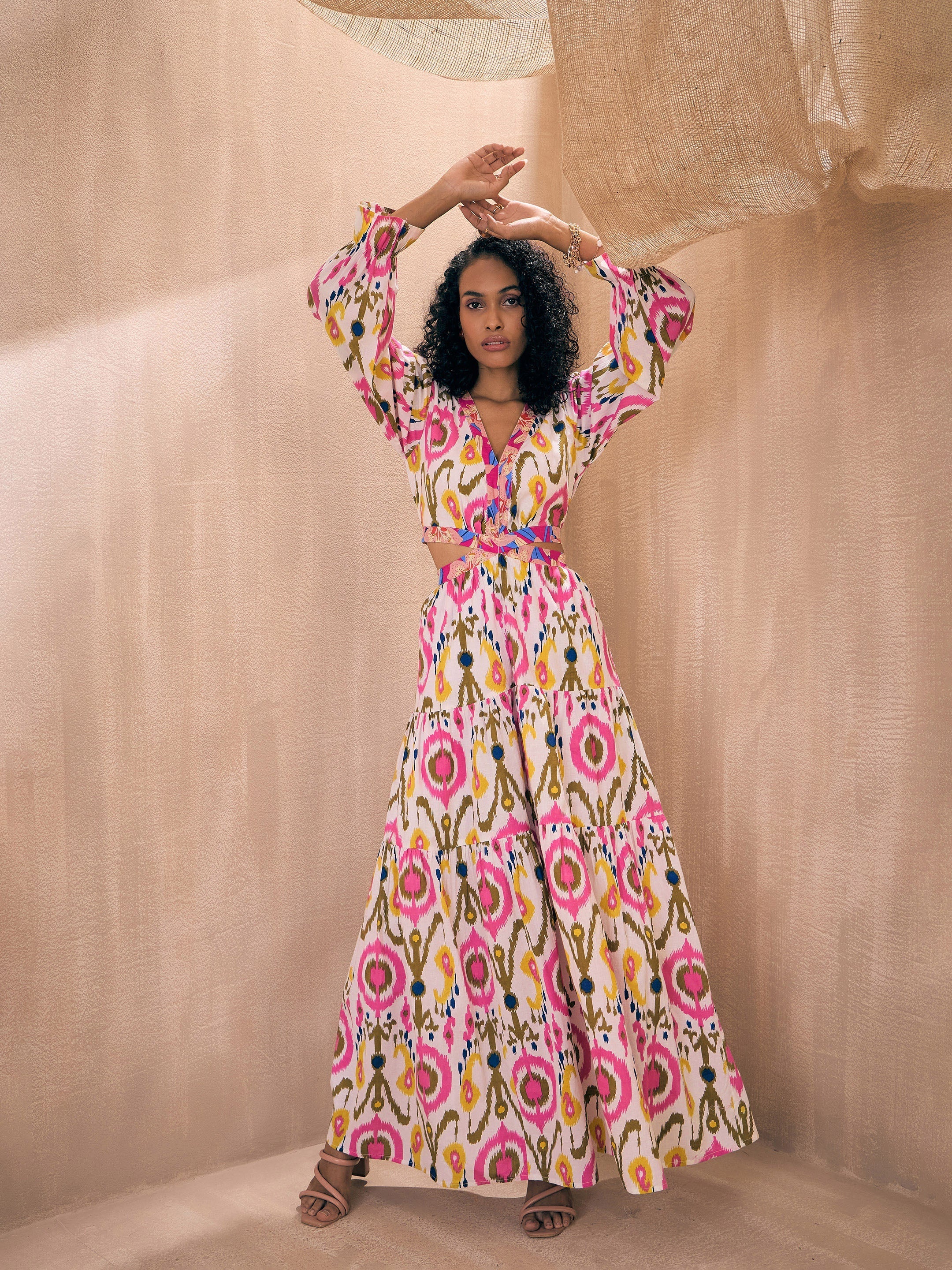 Women White Ikat Printed Waist Cut-Out Maxi