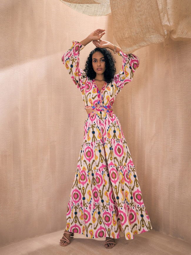 Women White Ikat Printed Waist Cut-Out Maxi