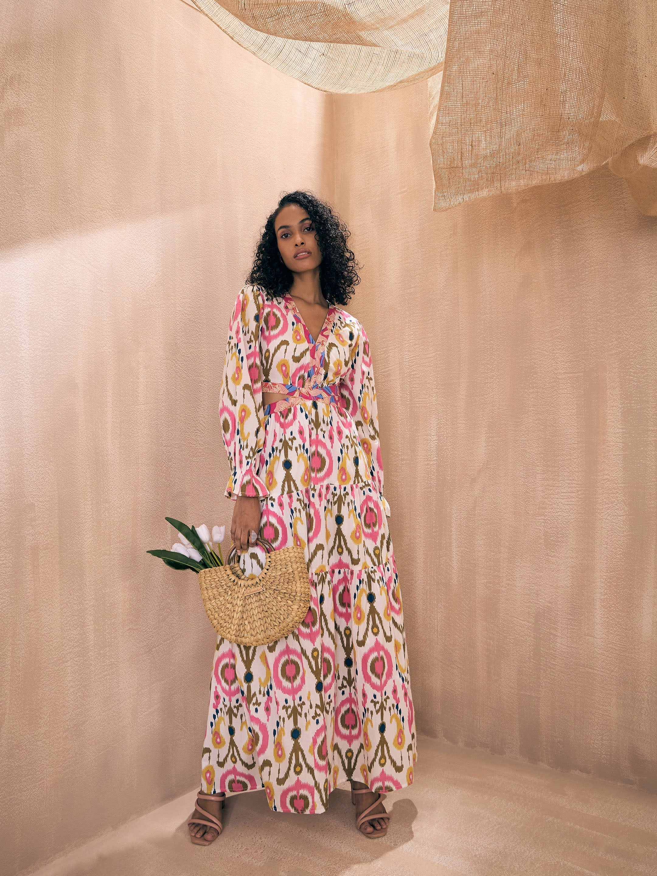 Women White Ikat Printed Waist Cut-Out Maxi