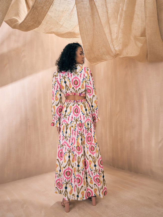 Women White Ikat Printed Waist Cut-Out Maxi