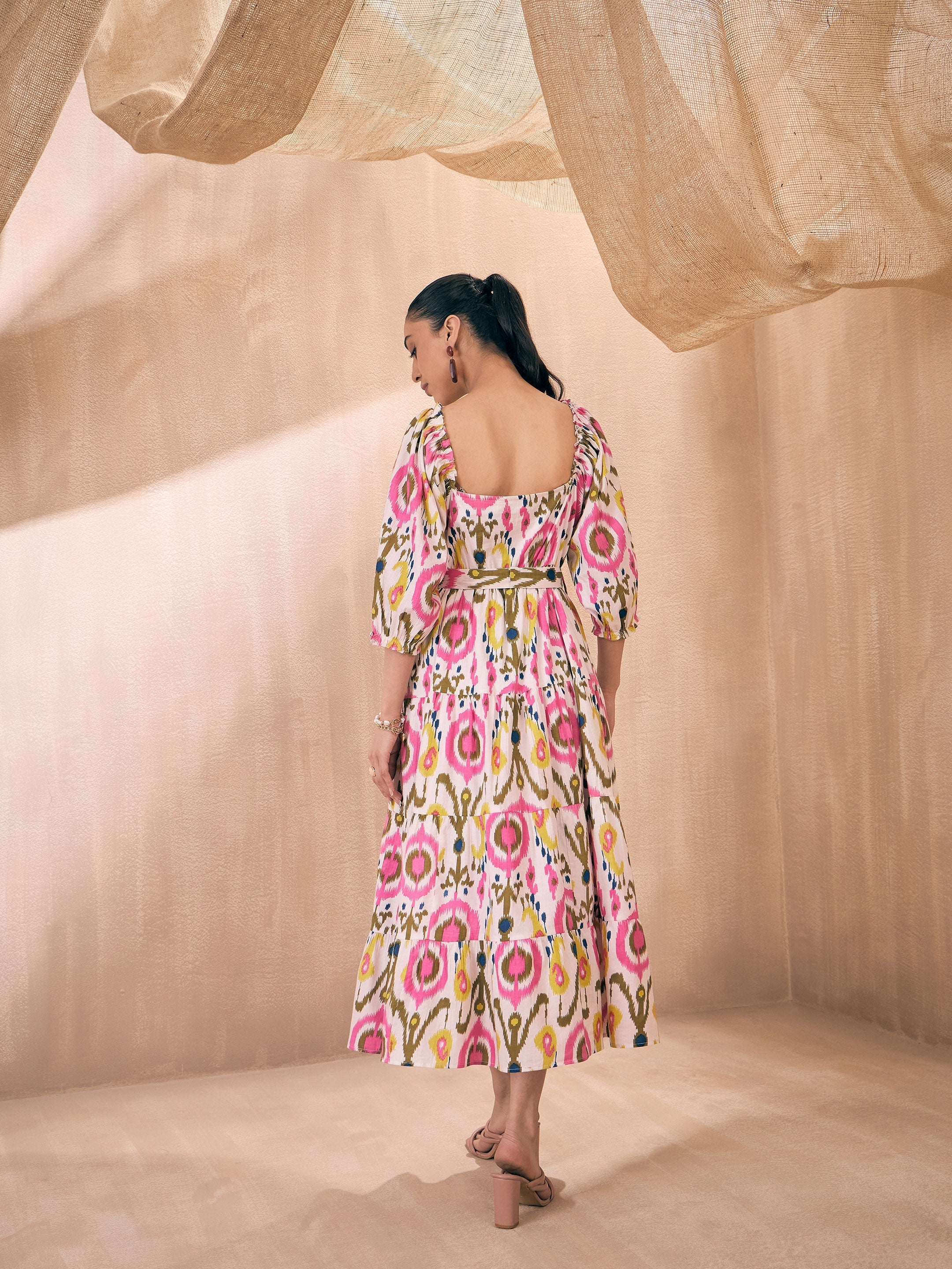Women Pink Ikat Front Button Self Belt Tiered Midi Dress