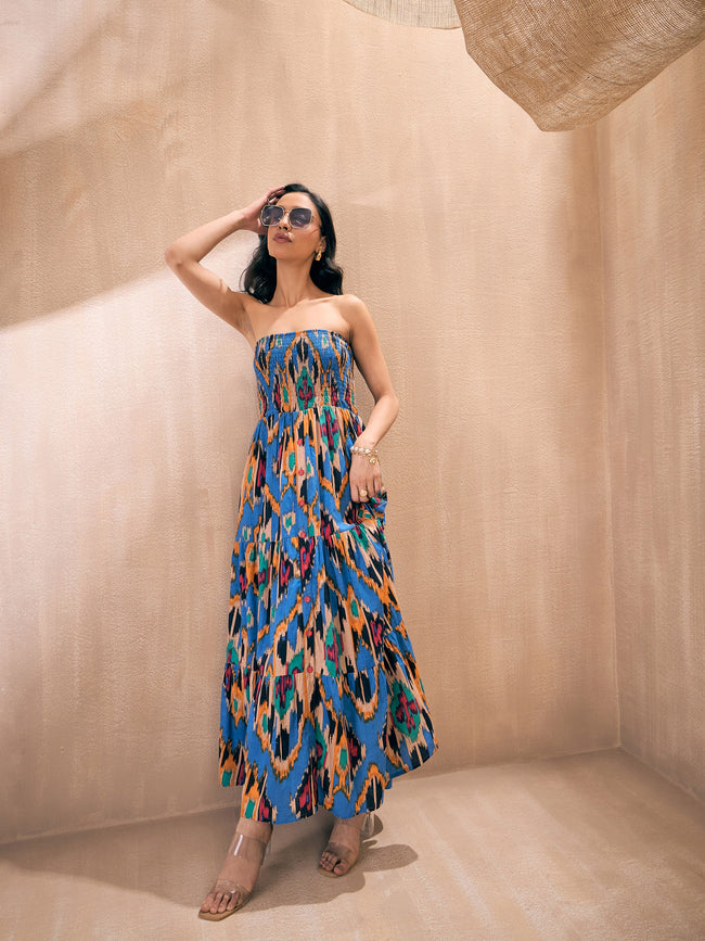 Women Blue Ikat Printed Tube Maxi