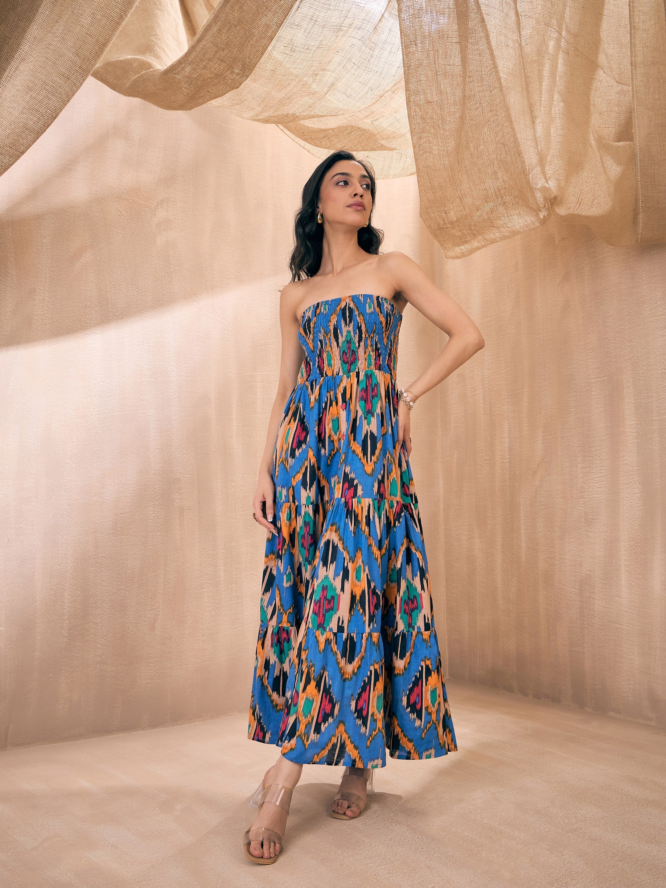Women Blue Ikat Printed Tube Maxi