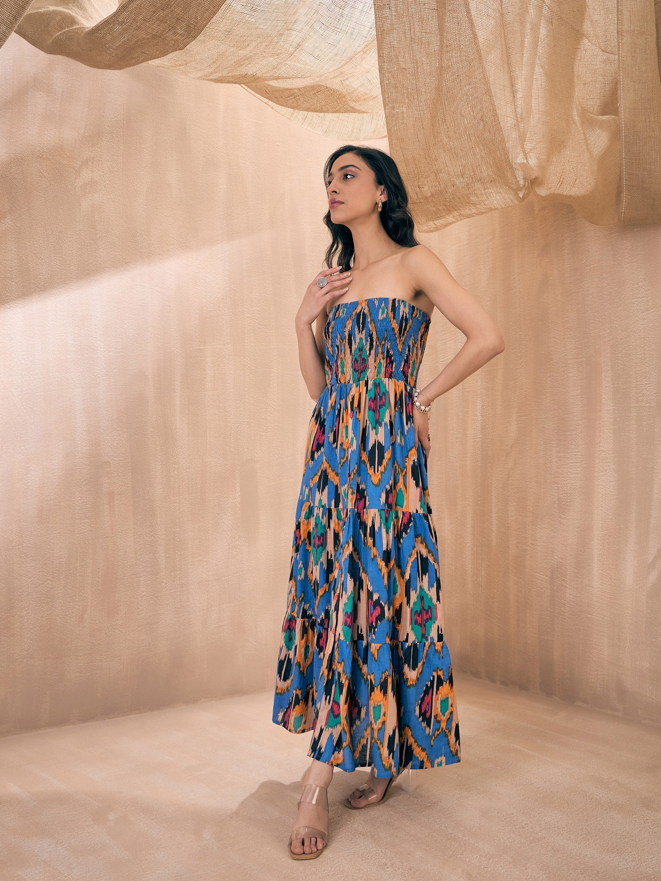 Women Blue Ikat Printed Tube Maxi