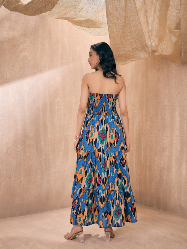 Women Blue Ikat Printed Tube Maxi
