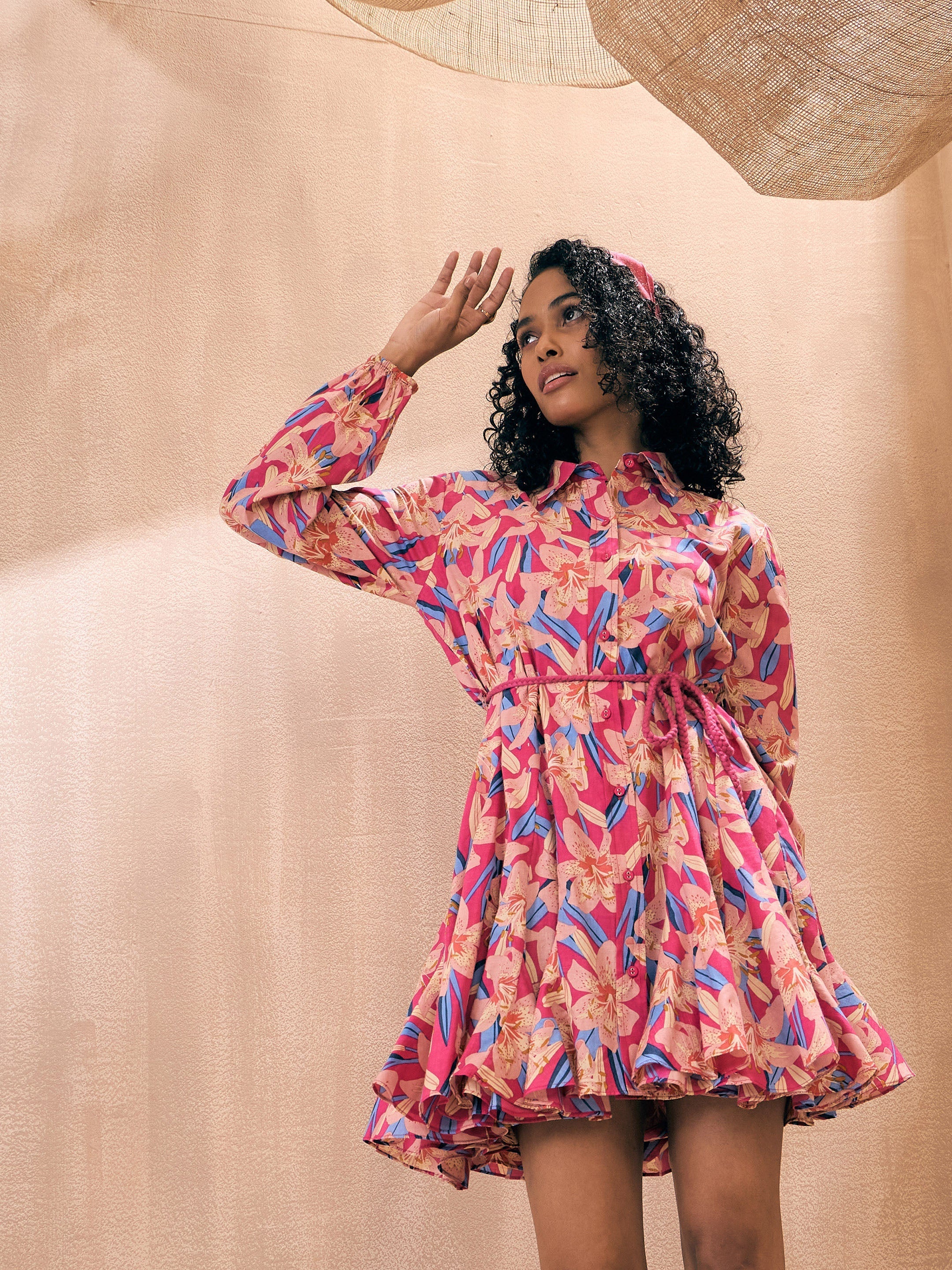 Women Magenta Floral Flared Dori Belt Shirt Dress
