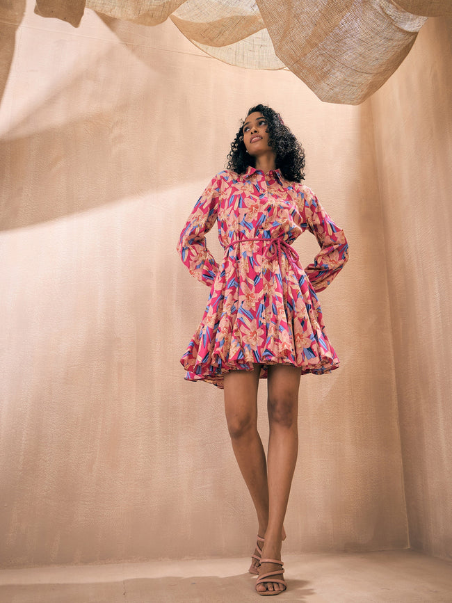 Women Magenta Floral Flared Dori Belt Shirt Dress