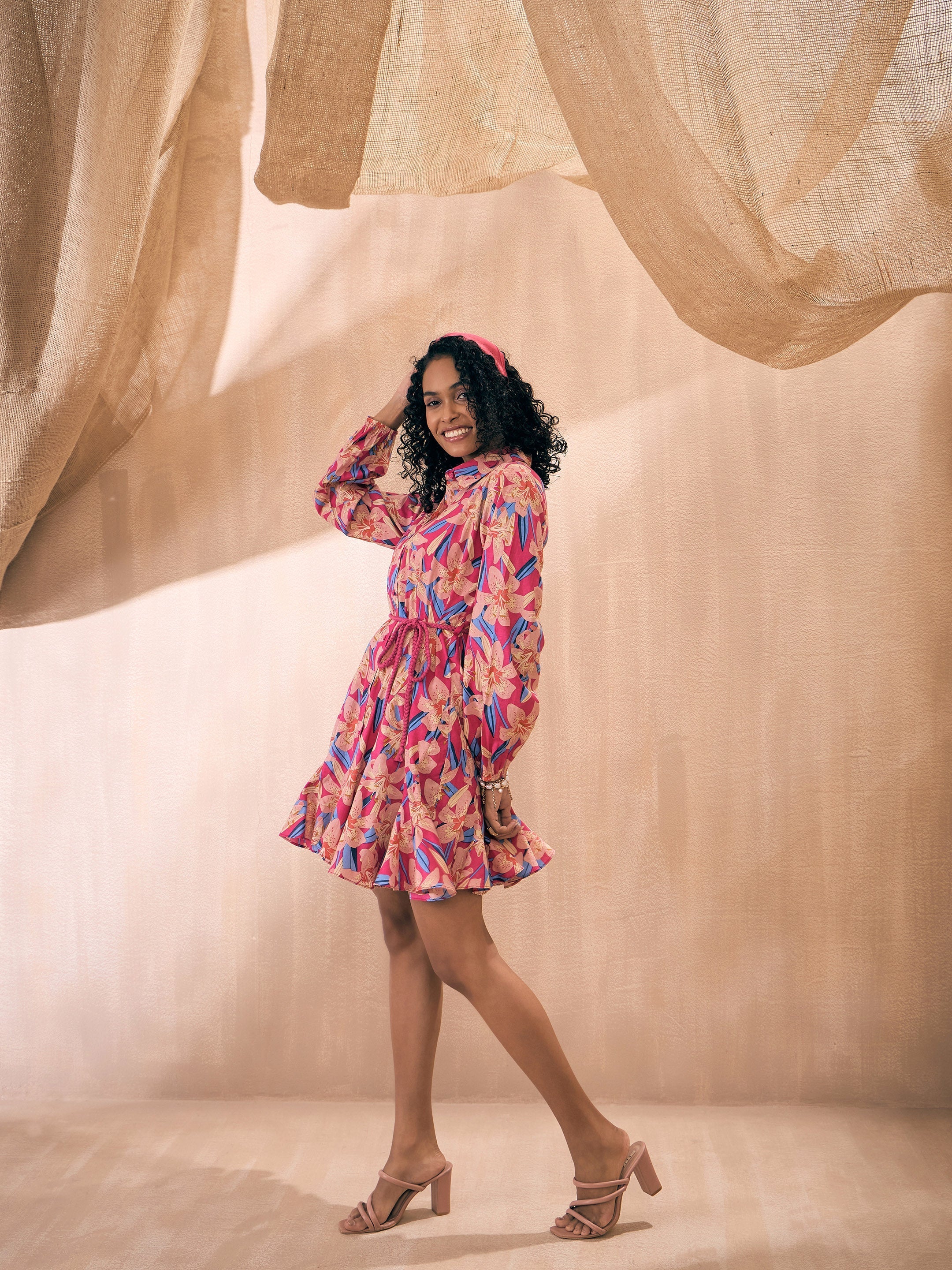 Women Magenta Floral Flared Dori Belt Shirt Dress