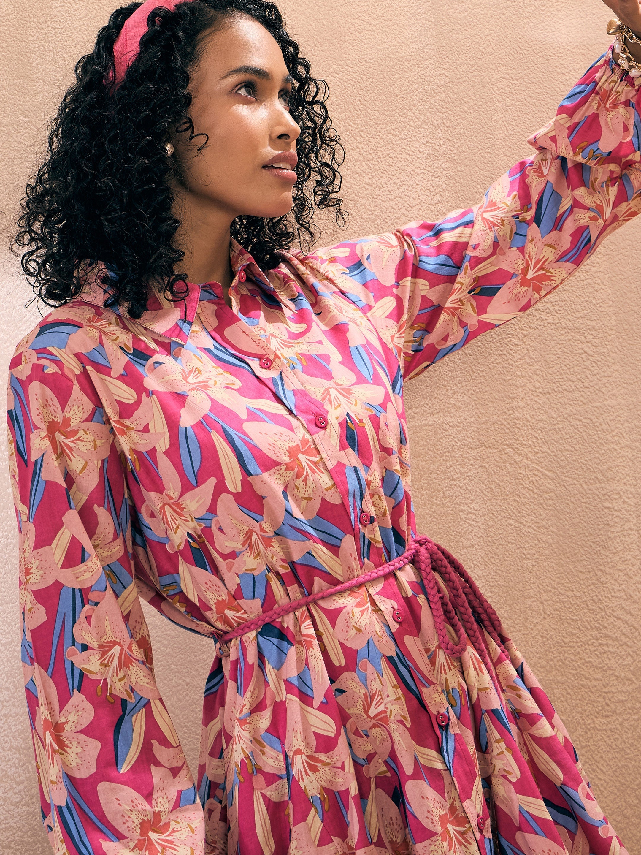 Women Magenta Floral Flared Dori Belt Shirt Dress