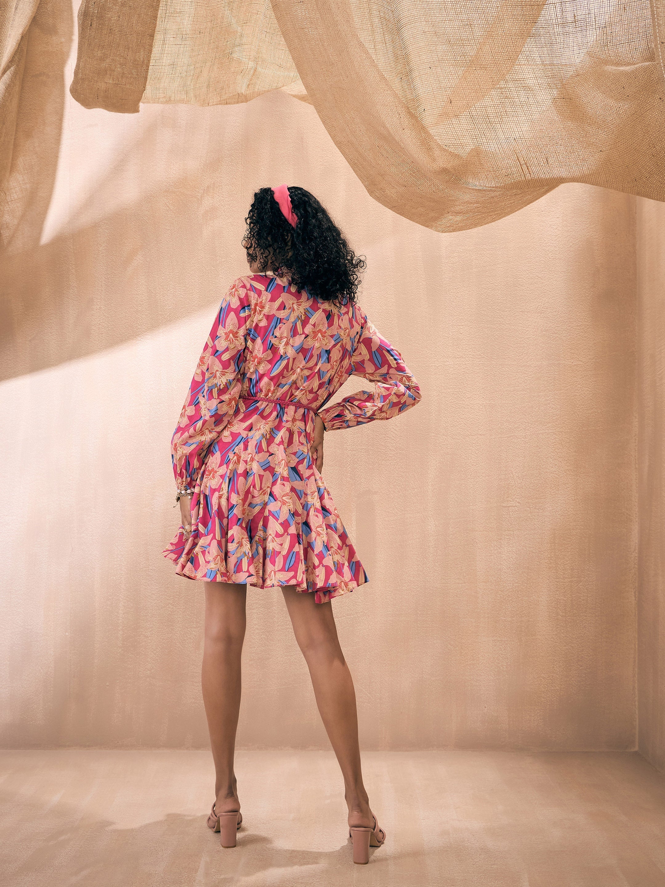 Women Magenta Floral Flared Dori Belt Shirt Dress