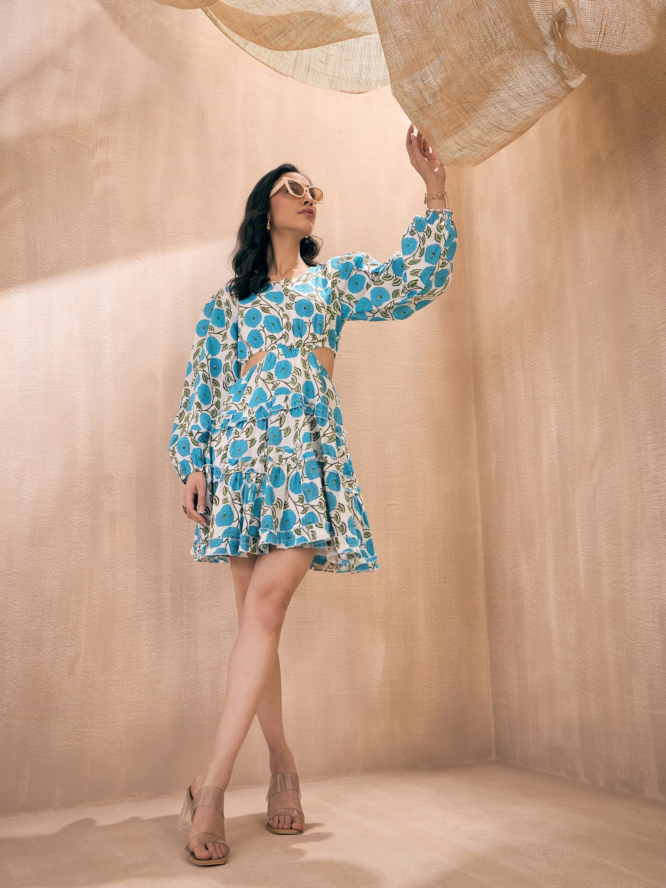 Women Blue Floral Side Cut-Out Short Tiered Dress