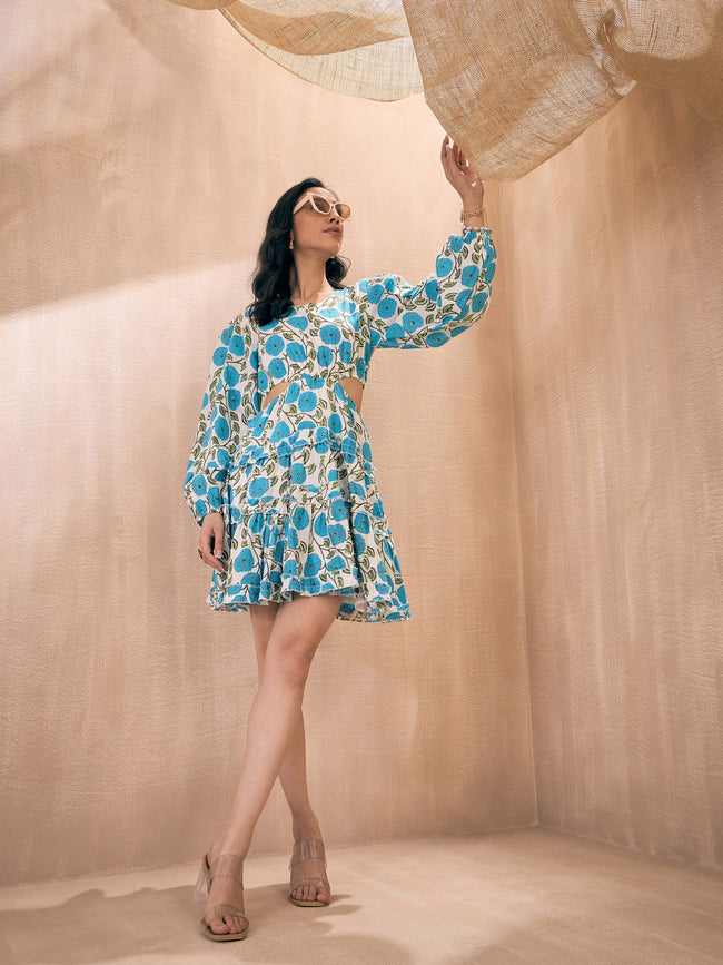 Women Blue Floral Side Cut-Out Short Tiered Dress