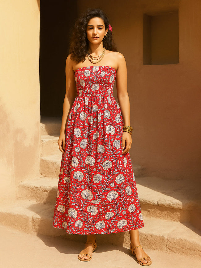 Women Red Floral Smocked Bust Tube Maxi