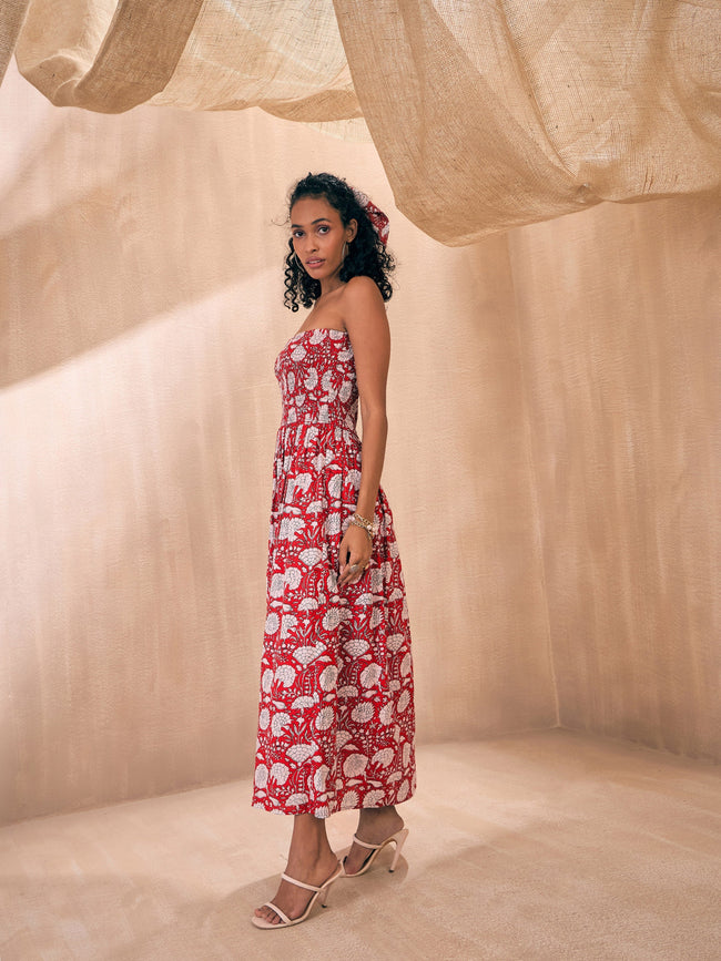 Women Red Floral Smocked Bust Tube Maxi