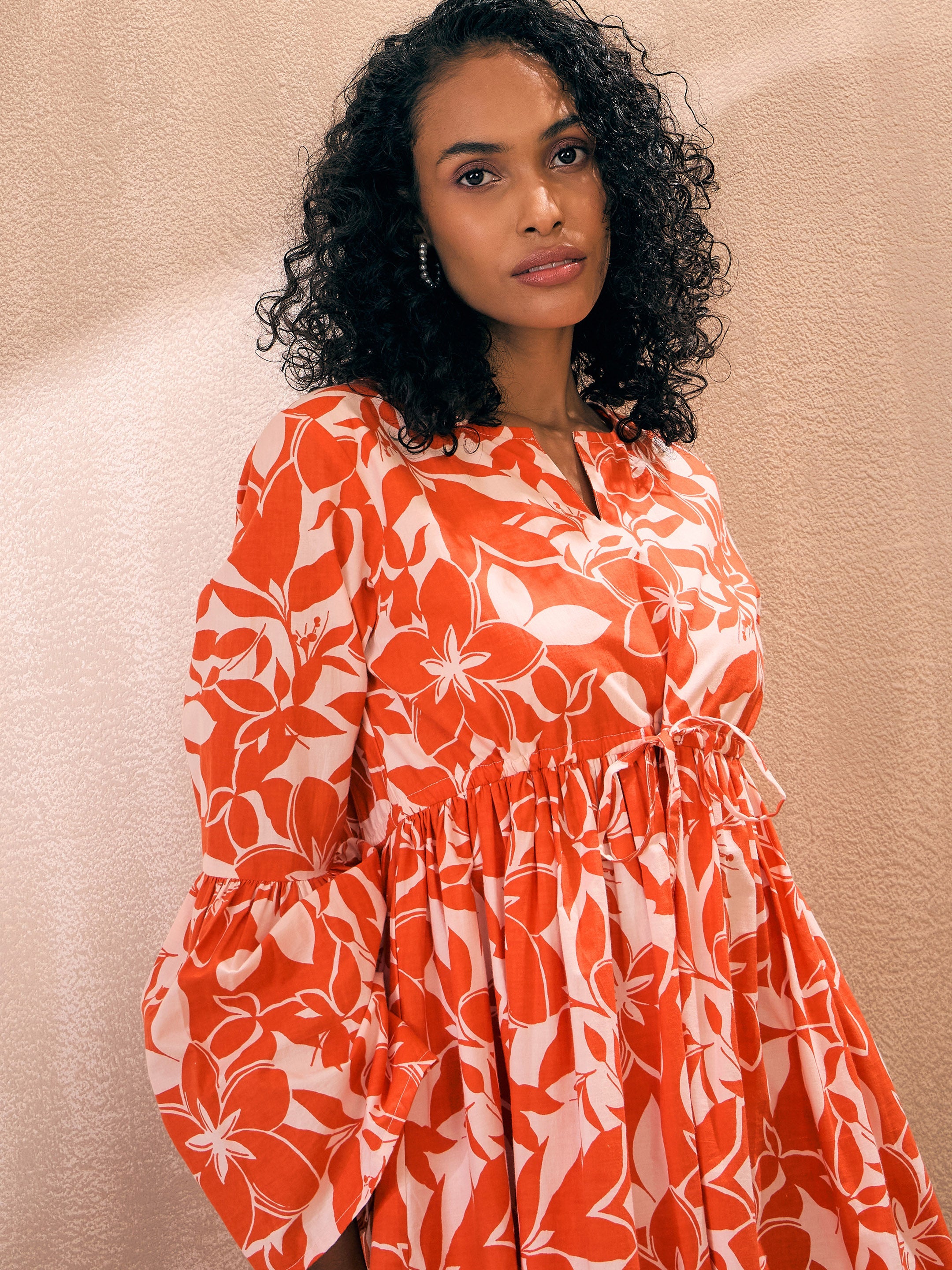 Women Orange Floral Empire Tie Waist Skater Dress