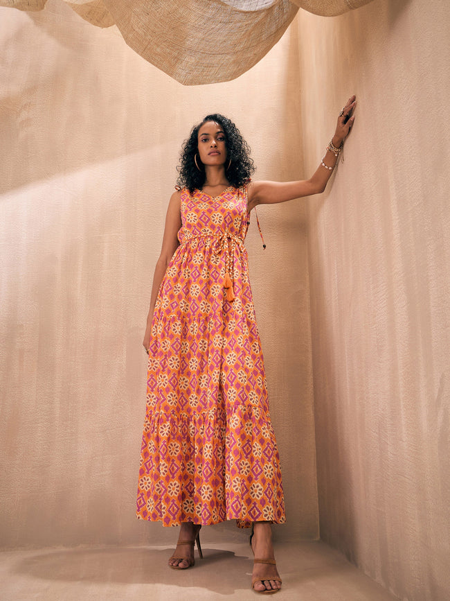 Women Orange Ikat Printed Shoulder Tie Belted Tiered Maxi