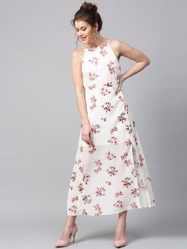 Women Ivory Floral Halter Maxi