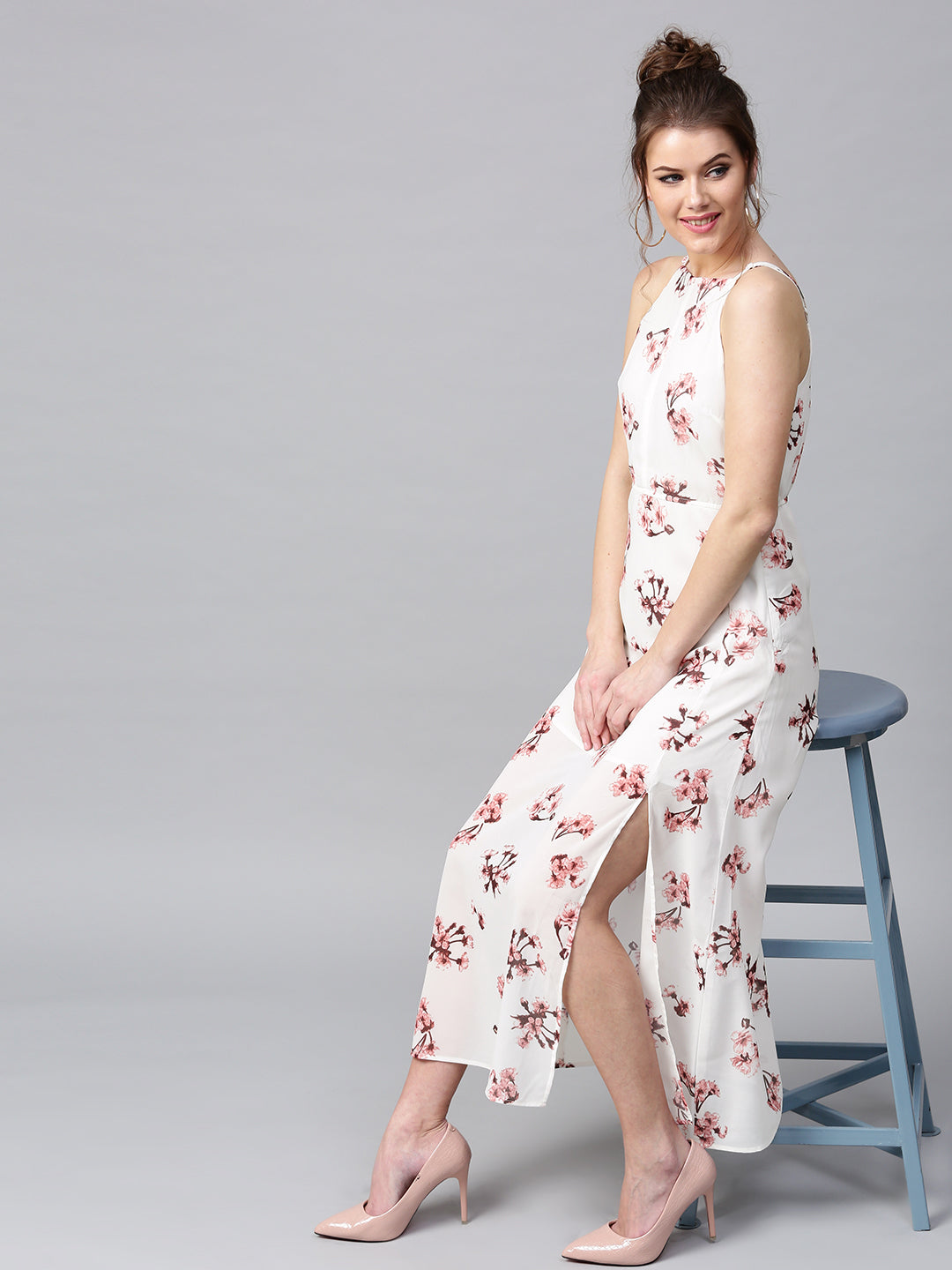 Women Ivory Floral Halter Maxi