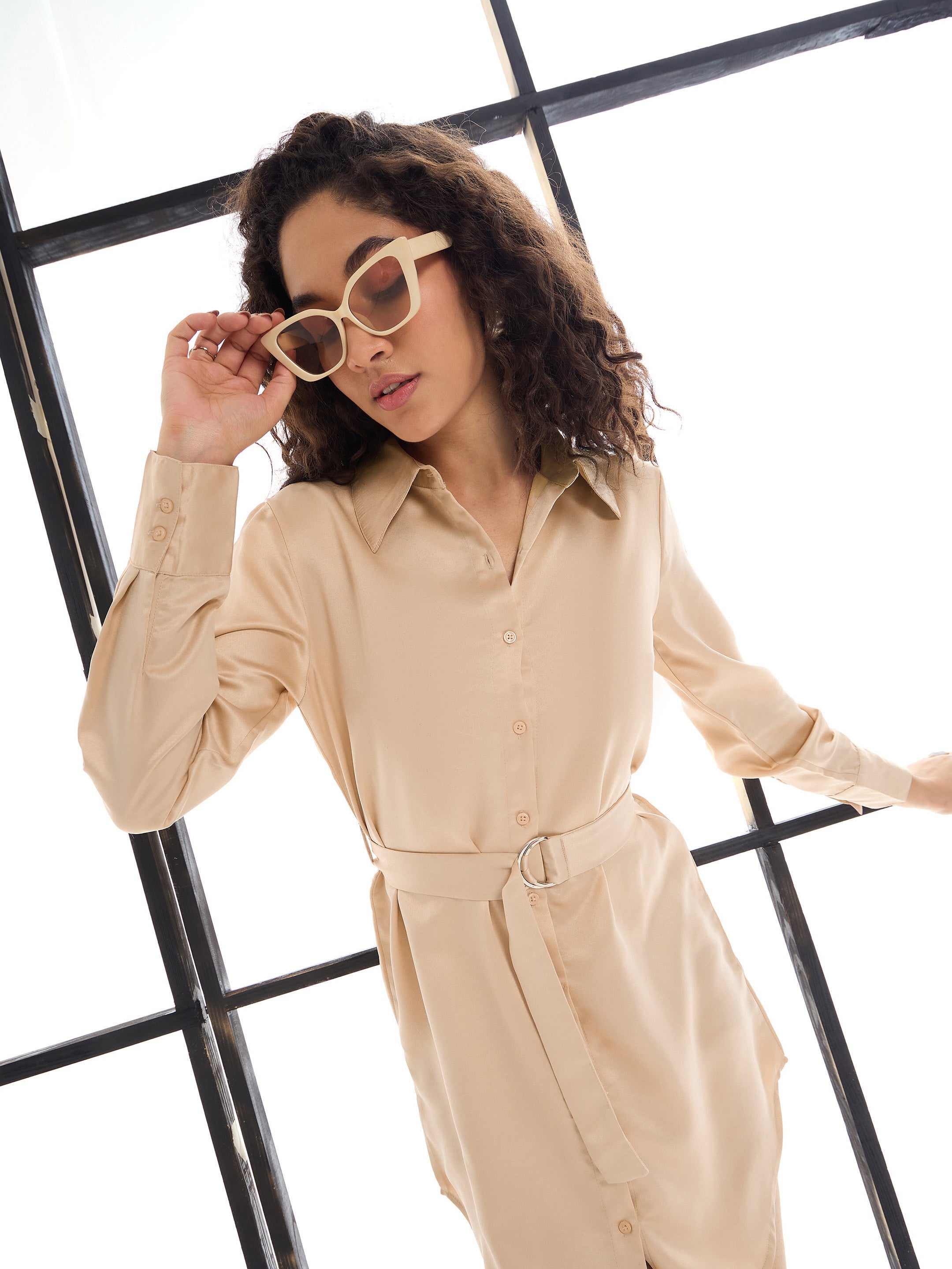 Women Beige Belted Satin Shirt Dress