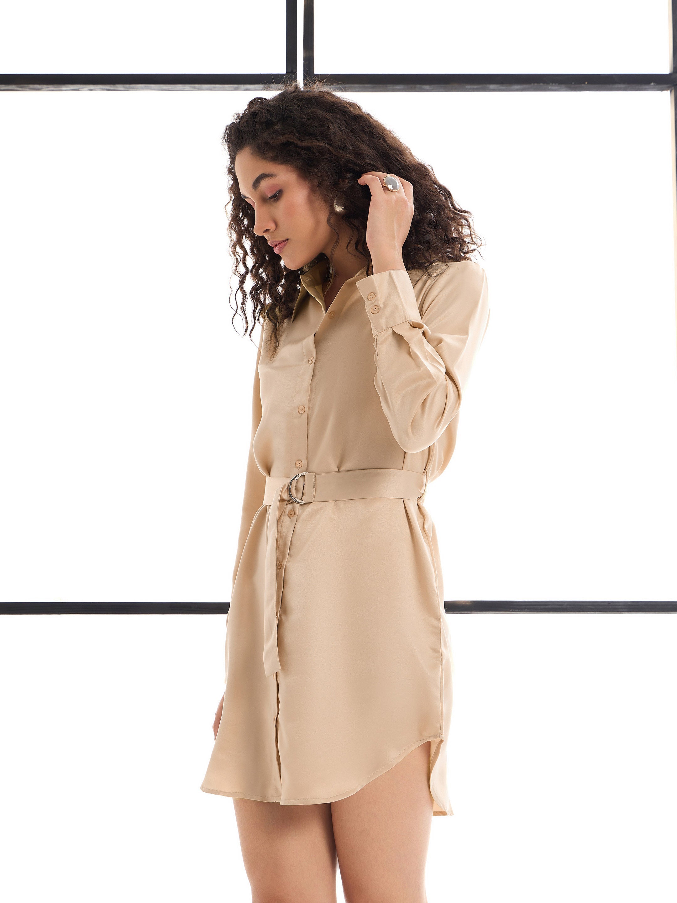 Women Beige Belted Satin Shirt Dress