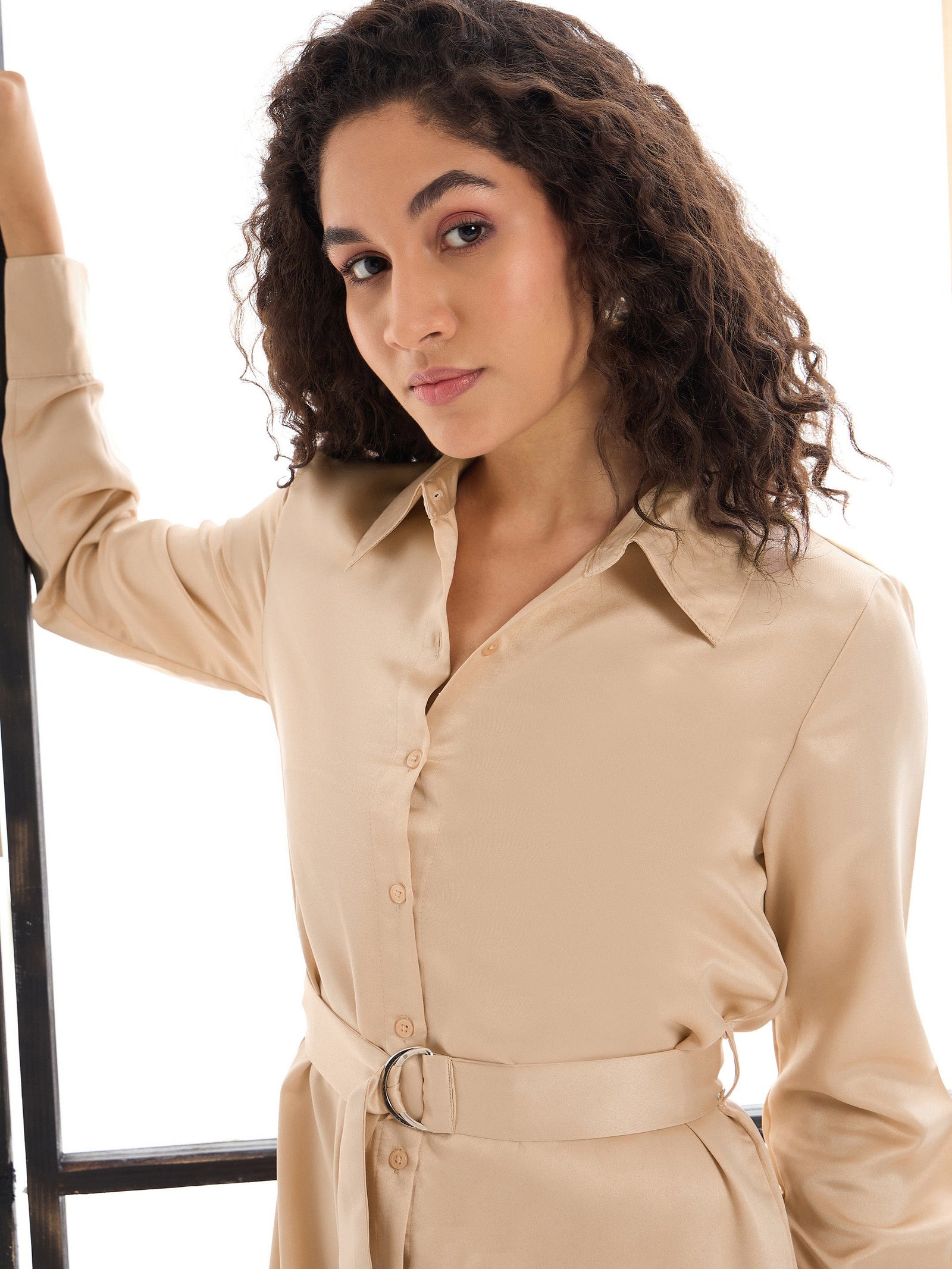 Women Beige Belted Satin Shirt Dress